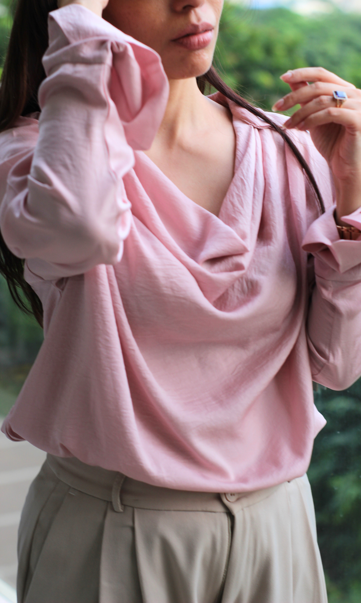 Rose Mist Collared Cowl Neck Top