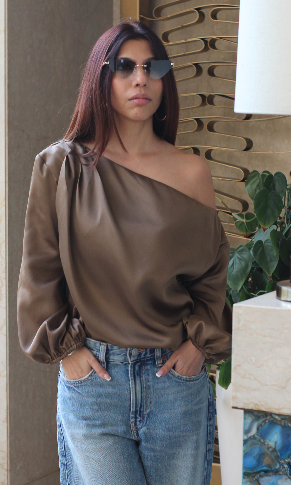 Coffee Balloon Sleeved One Shoulder Top