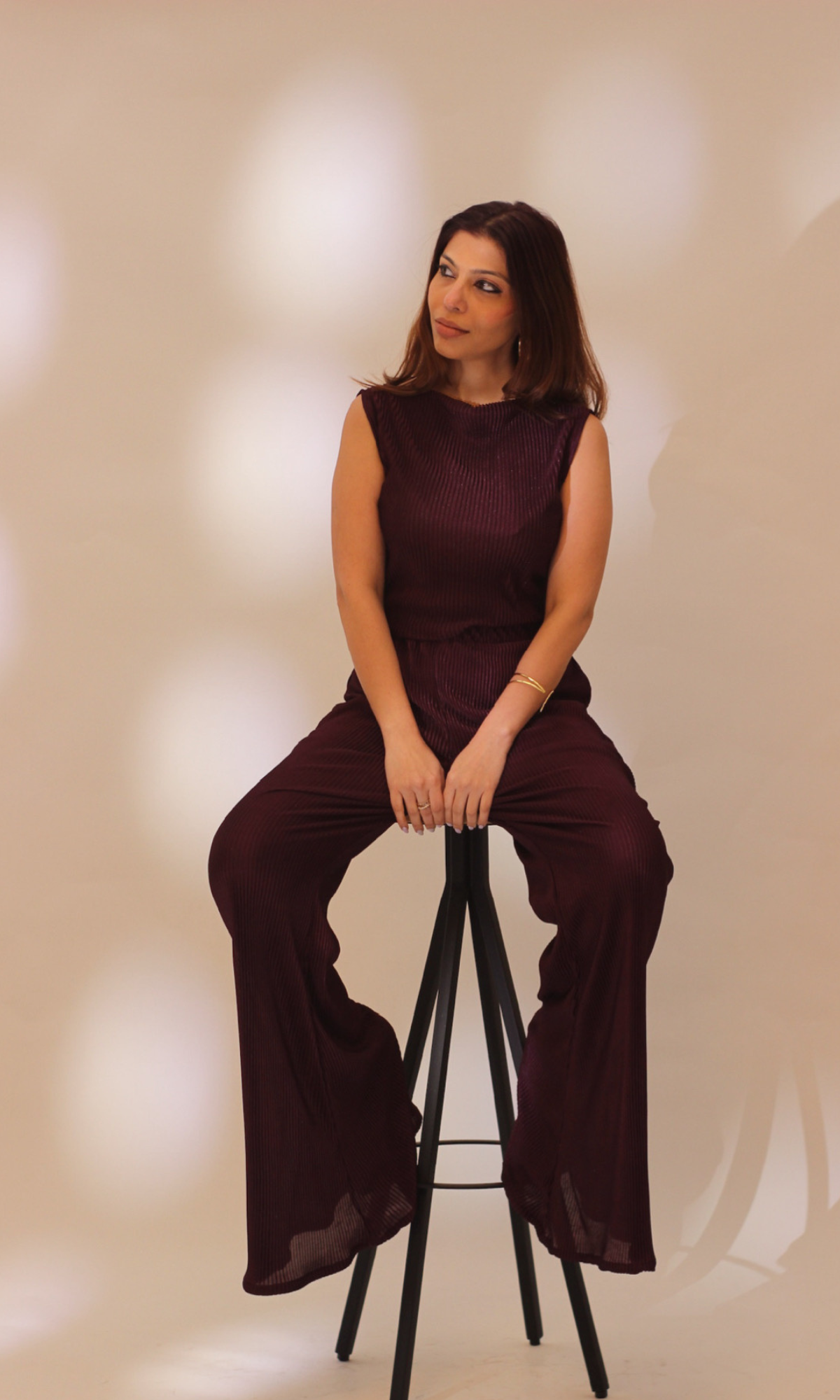 Wine Abstract Neck with Flared Pants