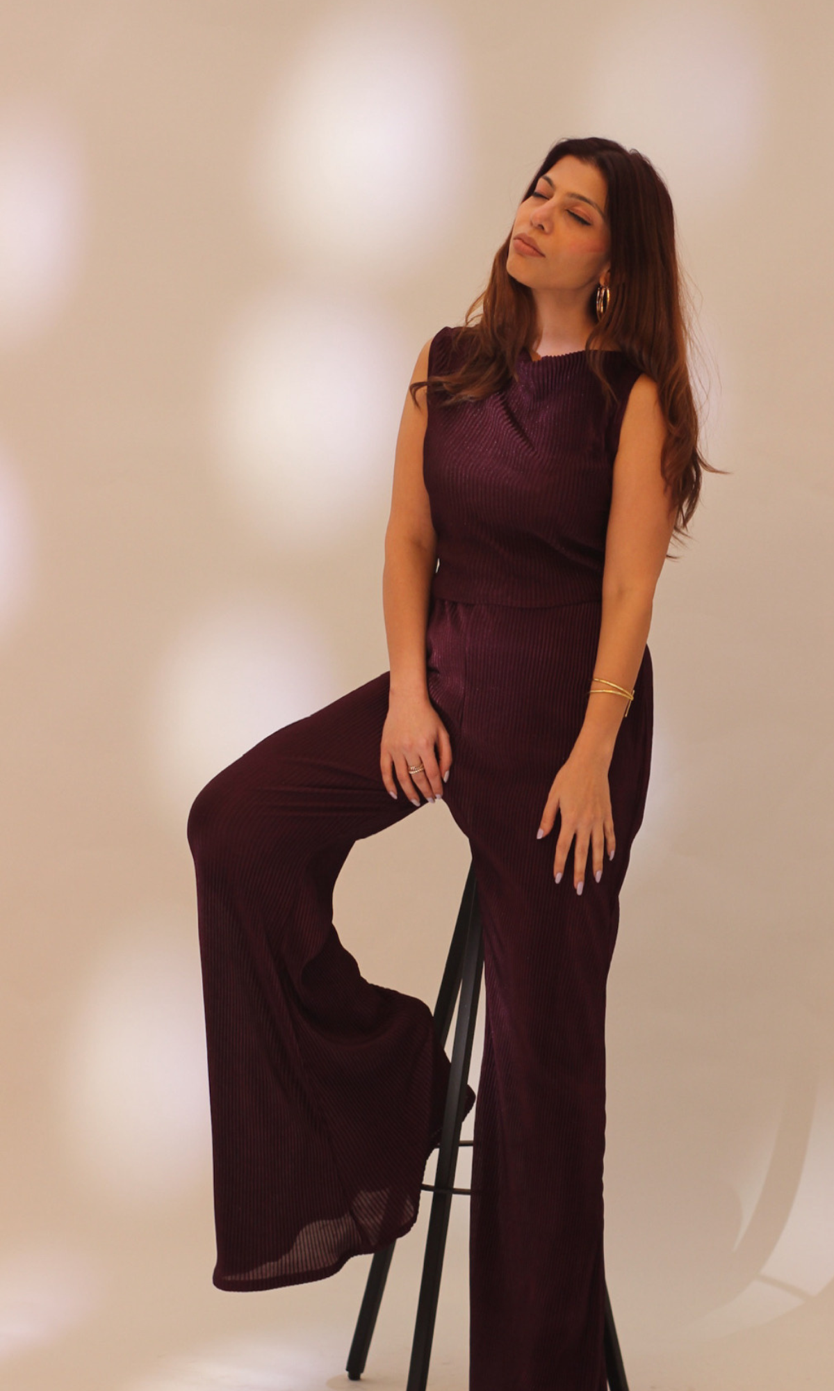 Wine Abstract Neck with Flared Pants