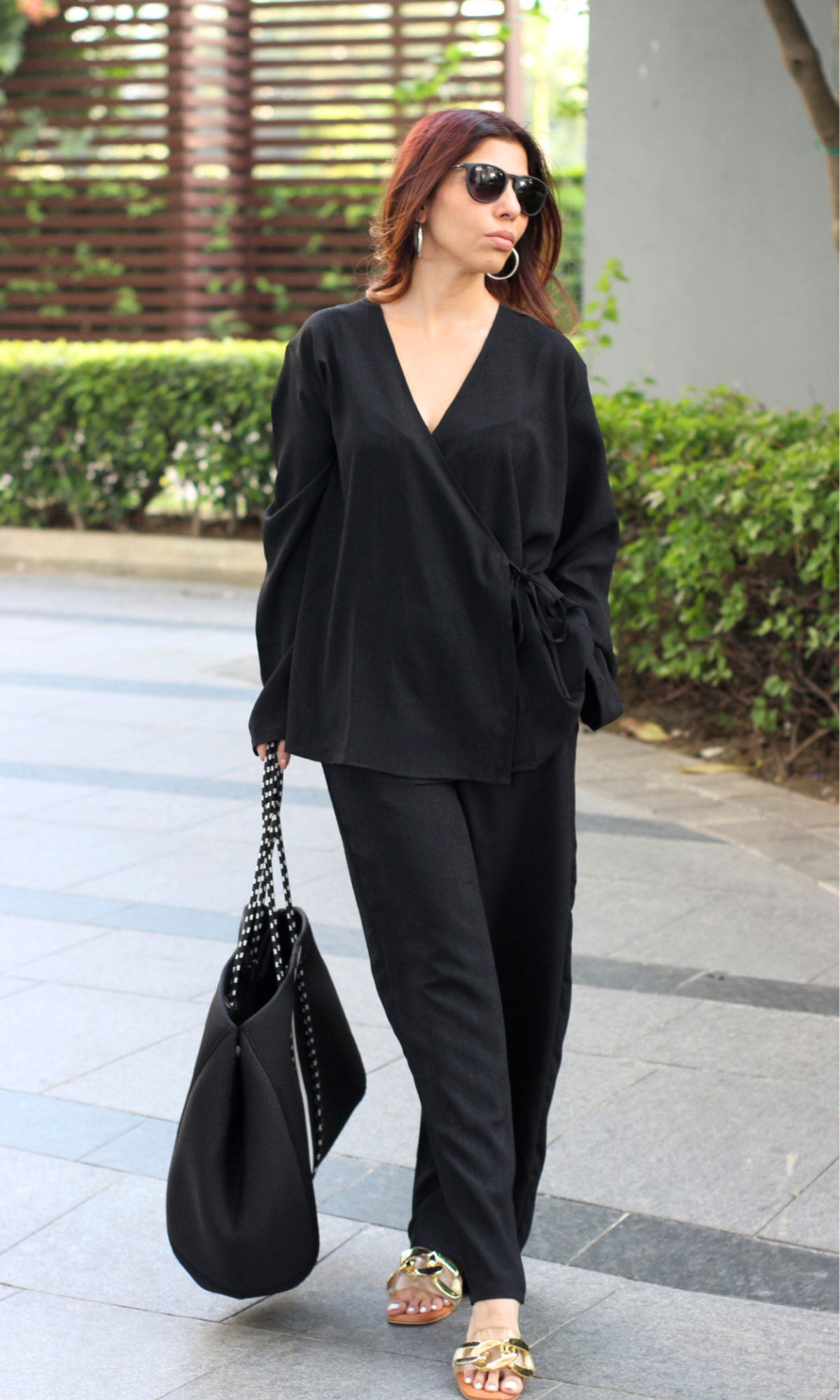 Black Textured Tie Detail Kimono Top with Pants Co-ord