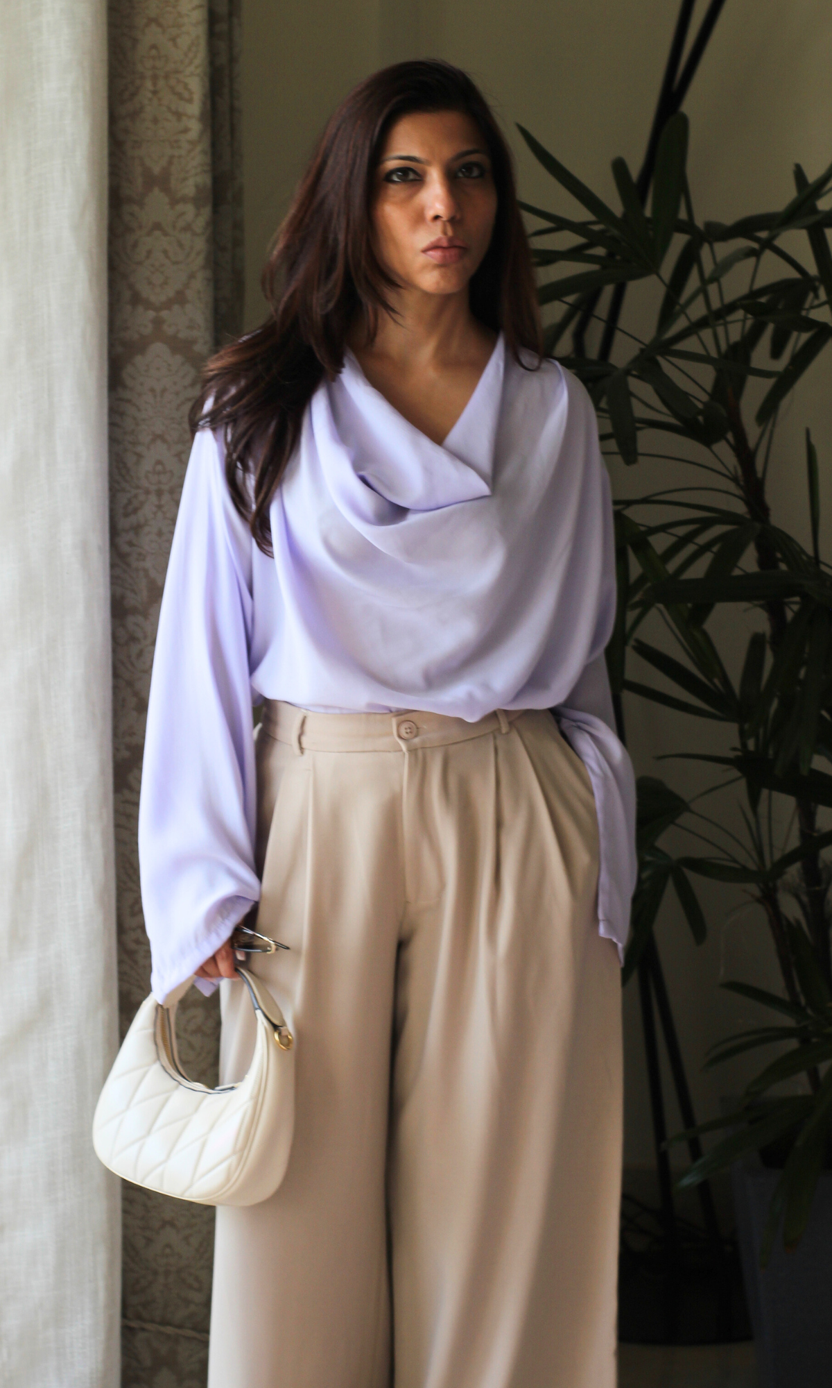 Lavender Slit Sleeves Cowl Neck Top