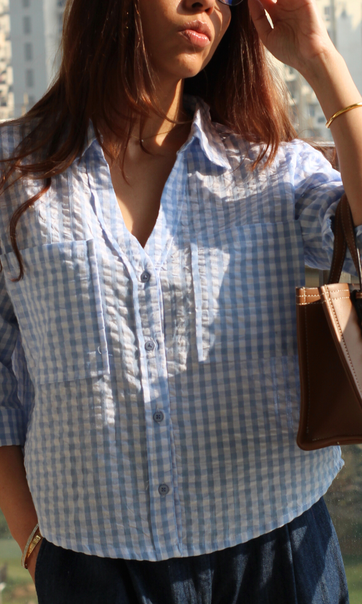 Blue Gingham Check Cropped Shirt
