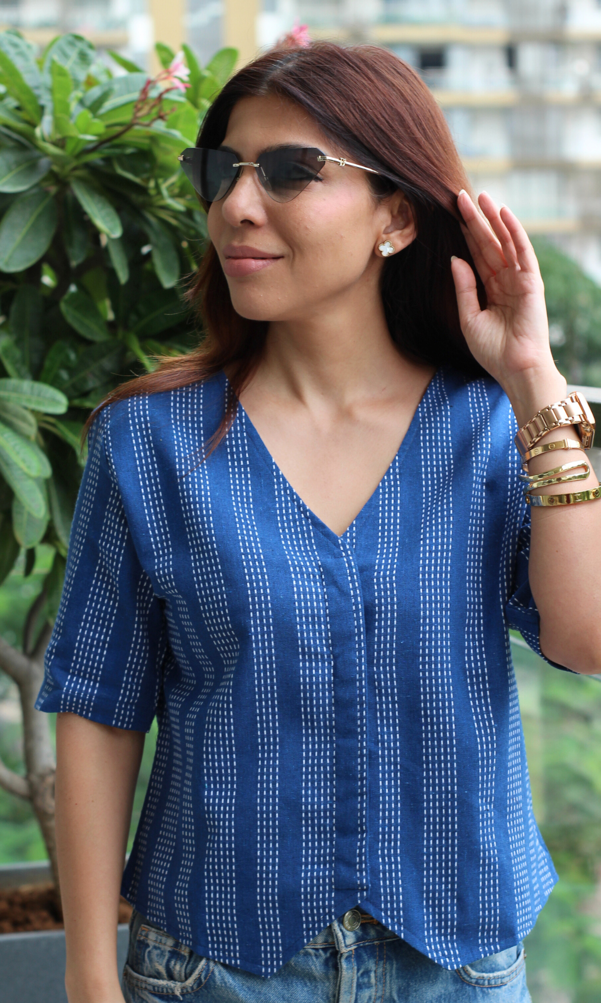 Linear Indigo Striped Sleeved Waist Coat