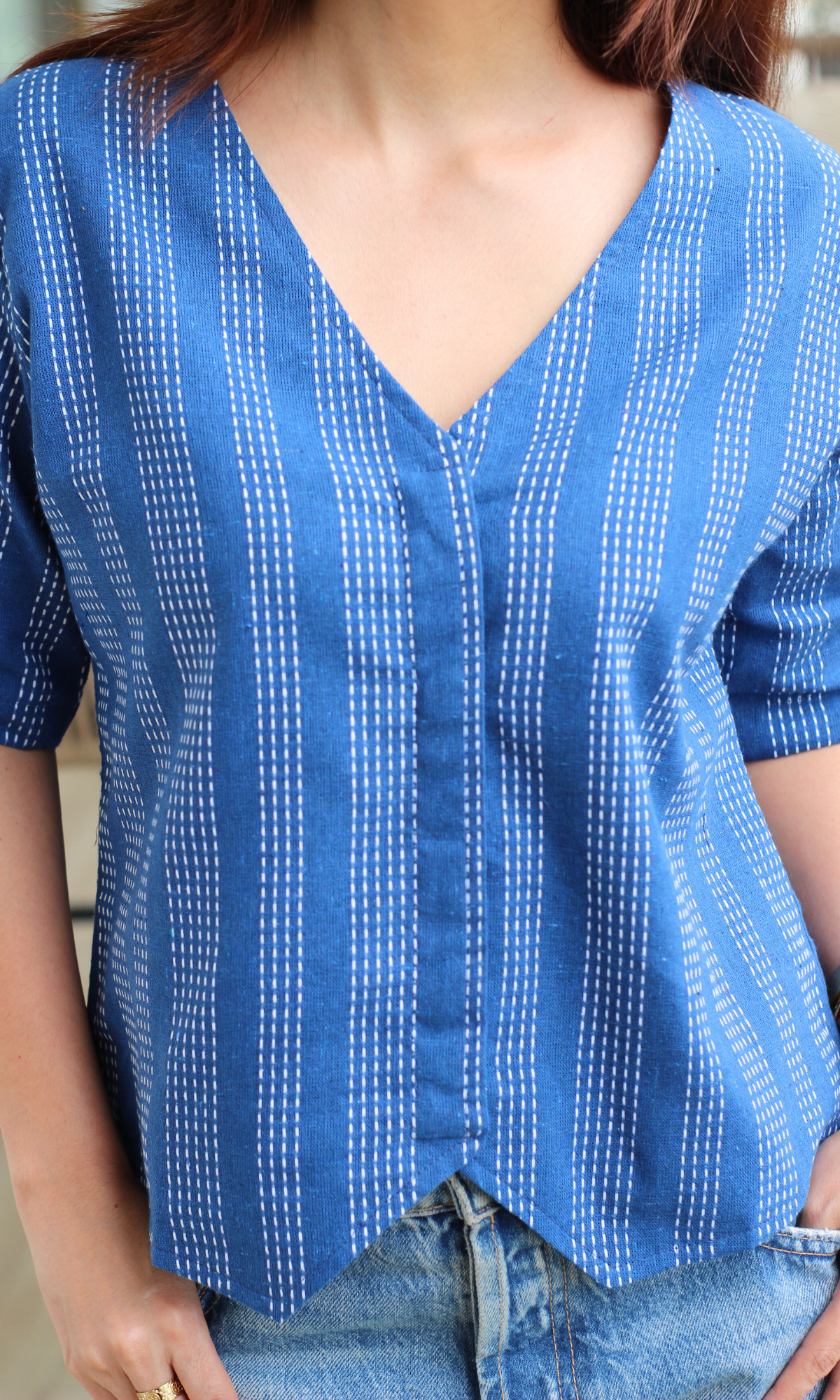Linear Indigo Striped Sleeved Waist Coat