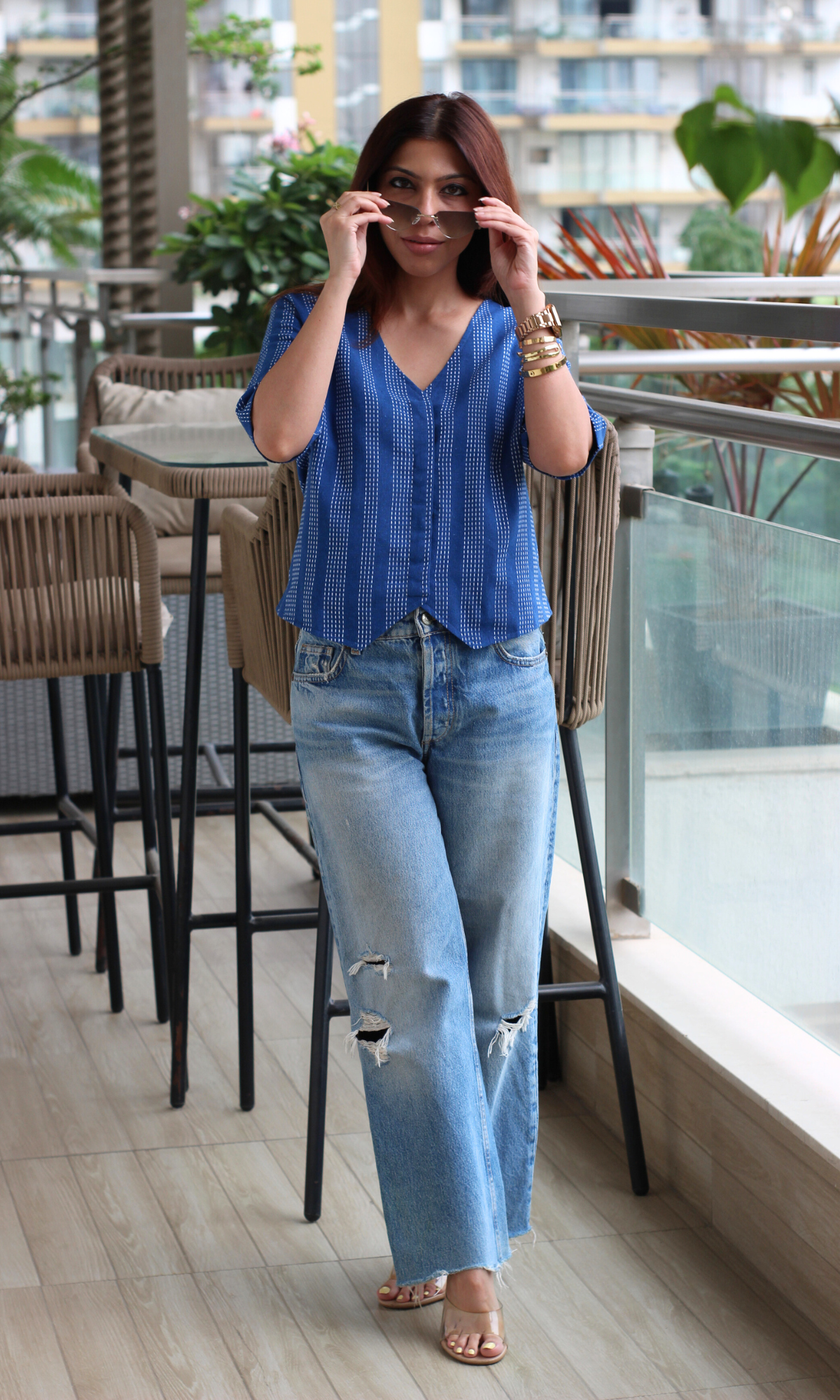 Linear Indigo Striped Sleeved Waist Coat