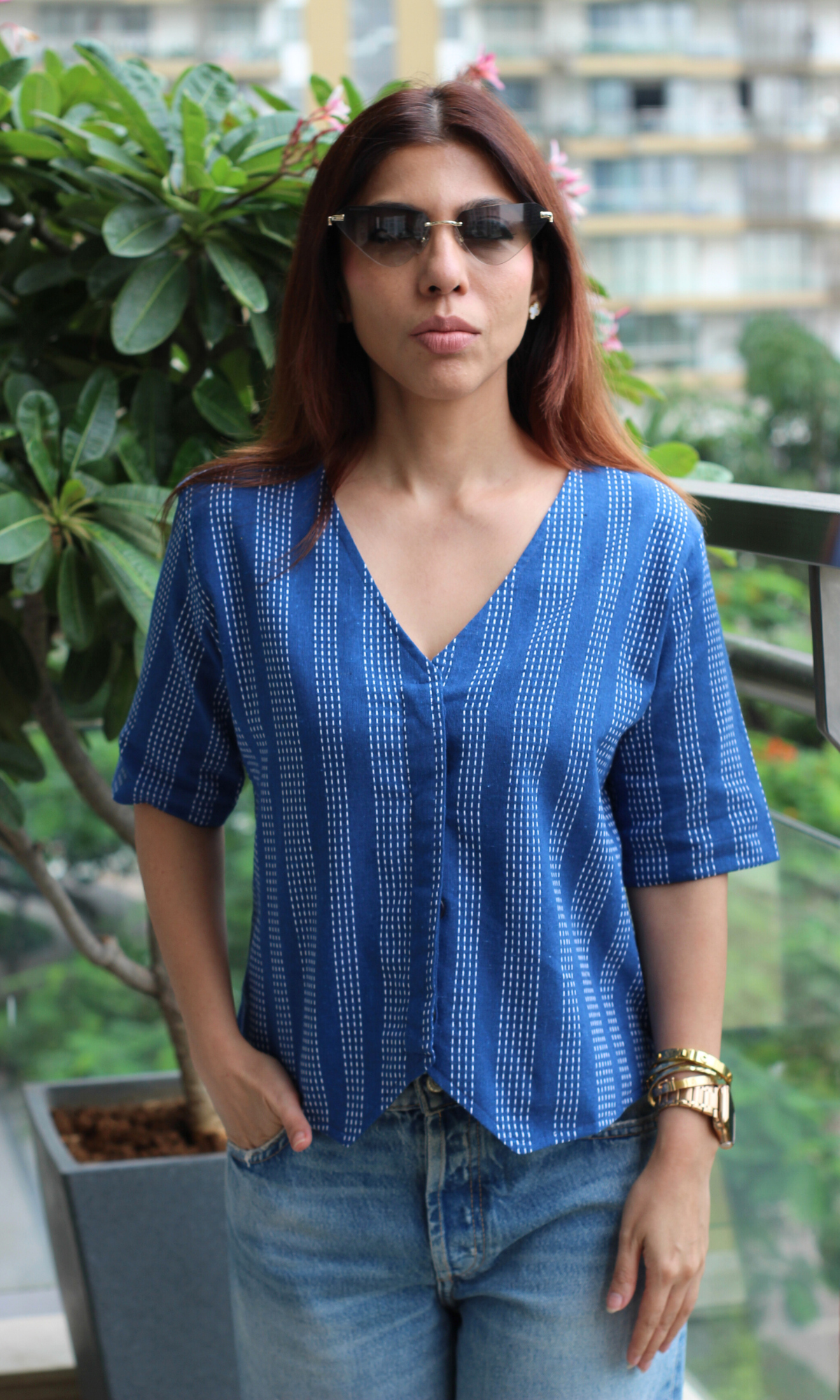 Linear Indigo Striped Sleeved Waist Coat