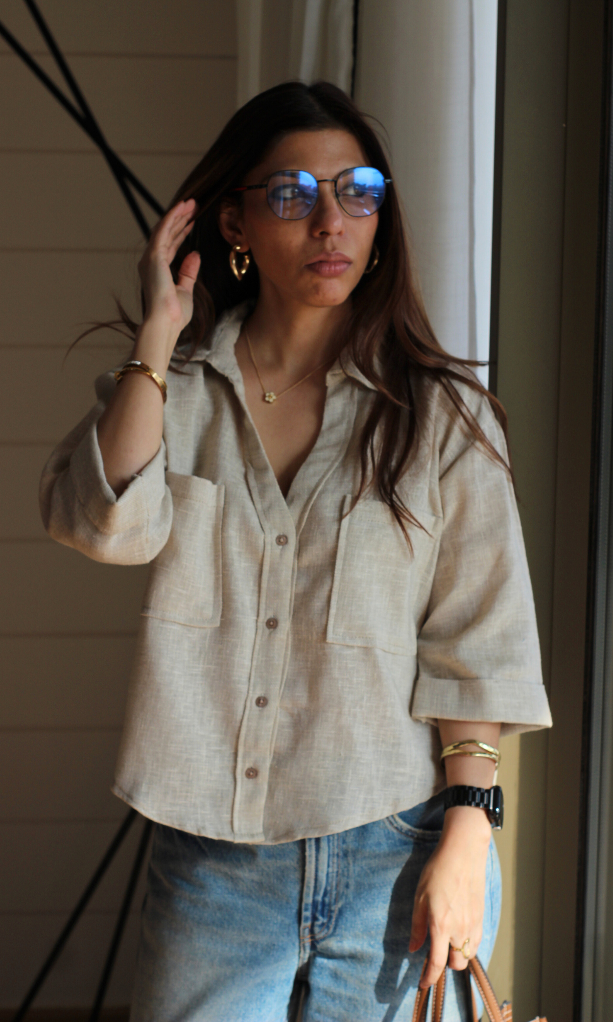Soft Beige Weave Cropped Shirt