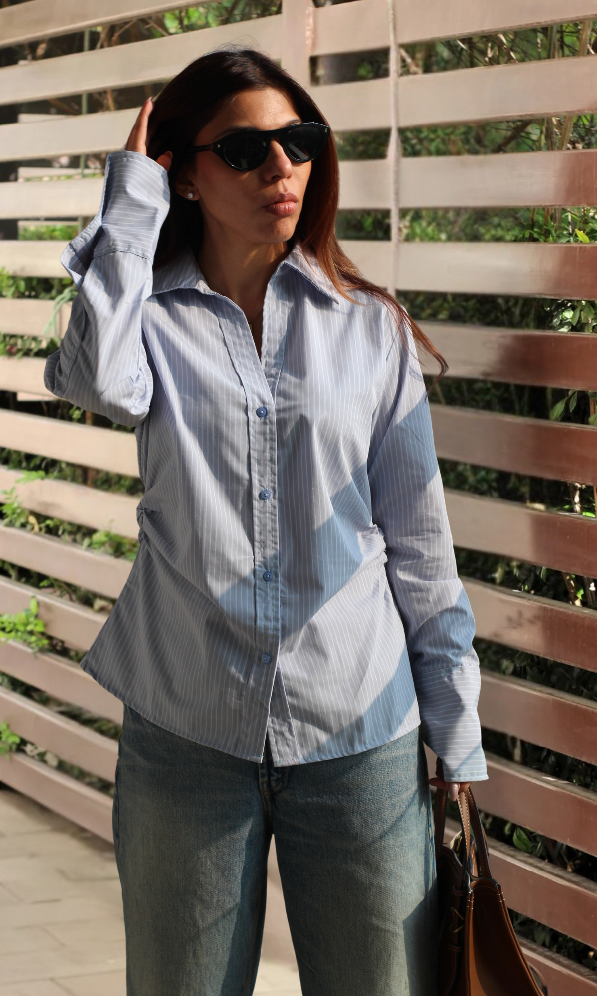 Soft Blue Pinstripe Side Cinch Shirt