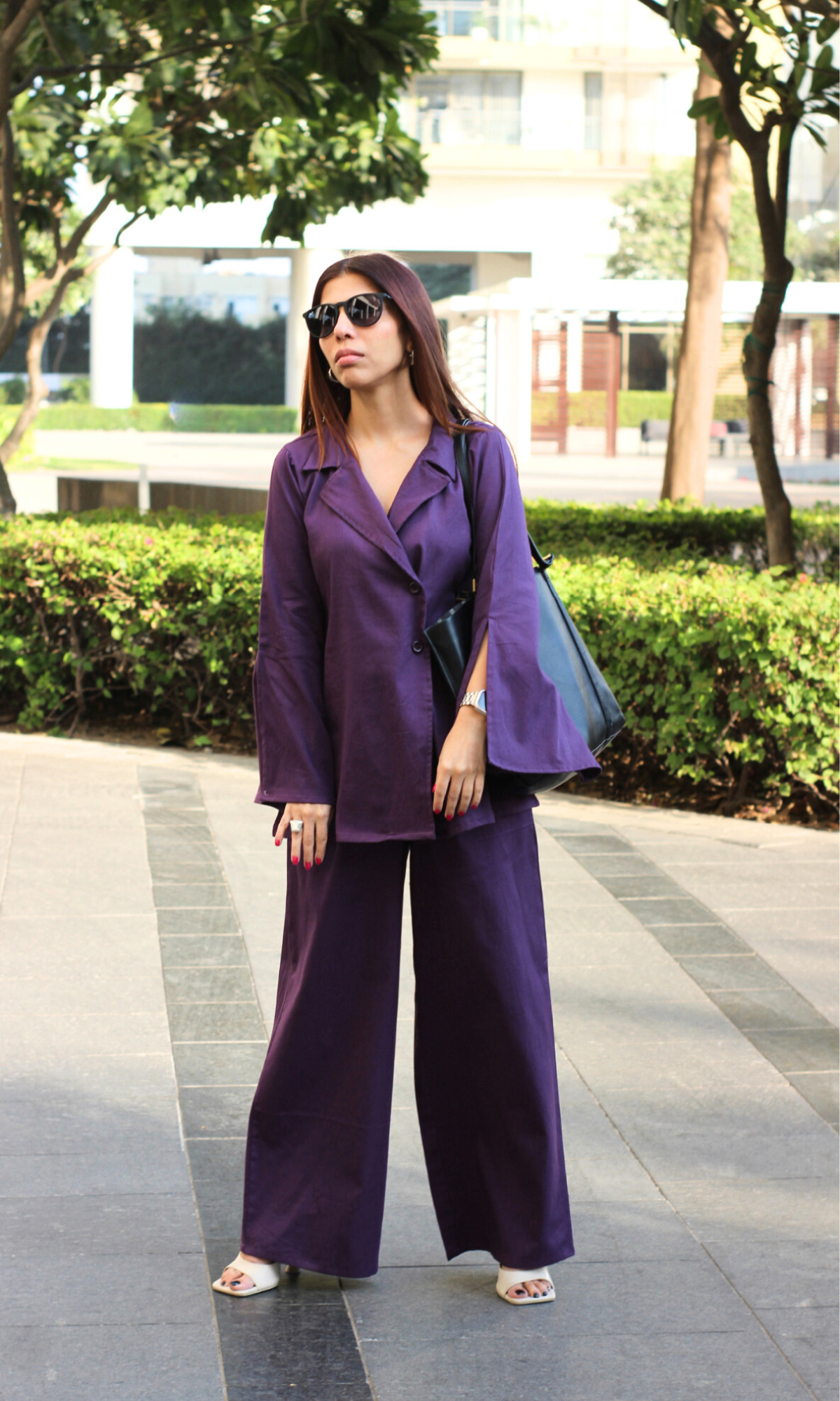 Purple Cut-Sleeved Blazer Top with Flared Pants Co-ord