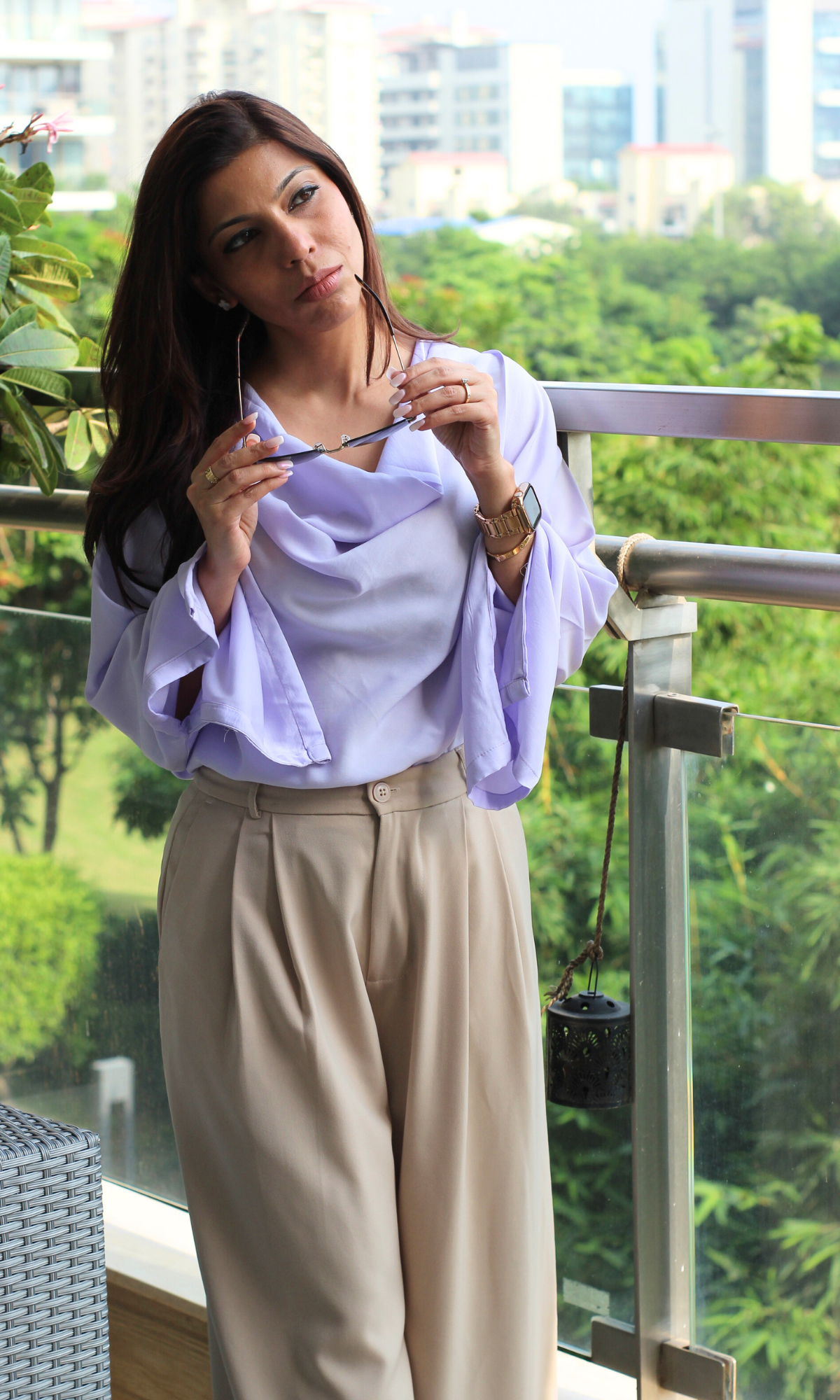 Lavender Slit Sleeves Cowl Neck Top