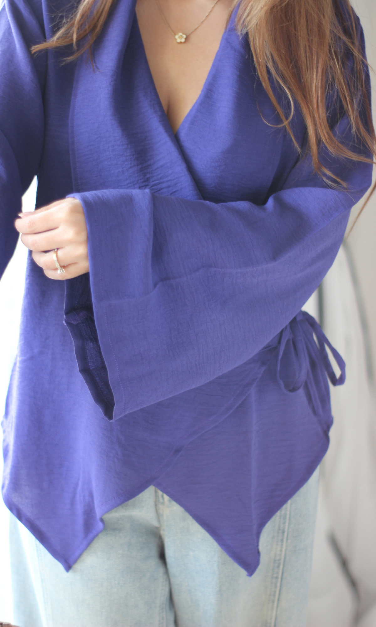 Violet Asymmetric Flared-Sleeve Wrap Top