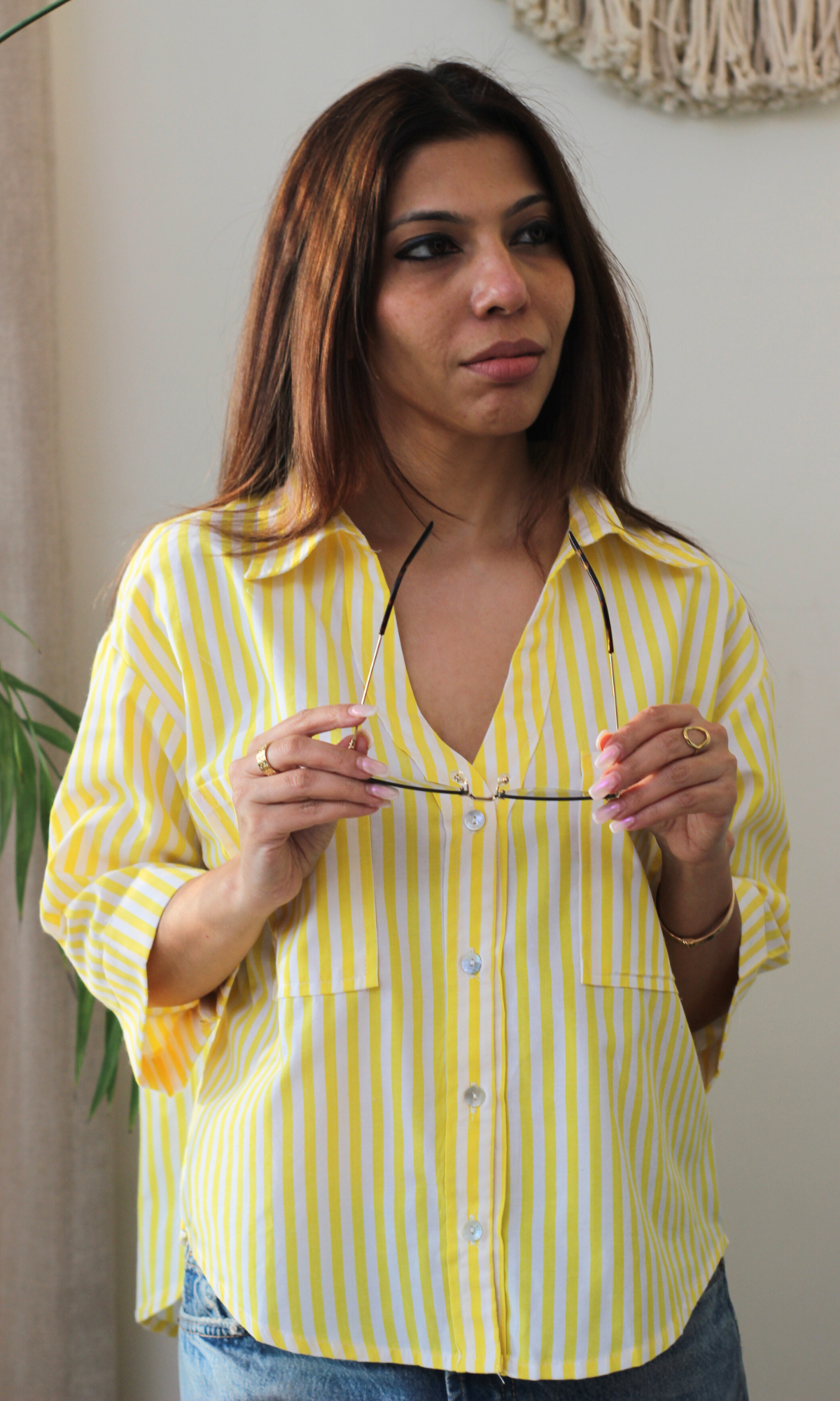 Lime Striped Cotton Cropped Shirt