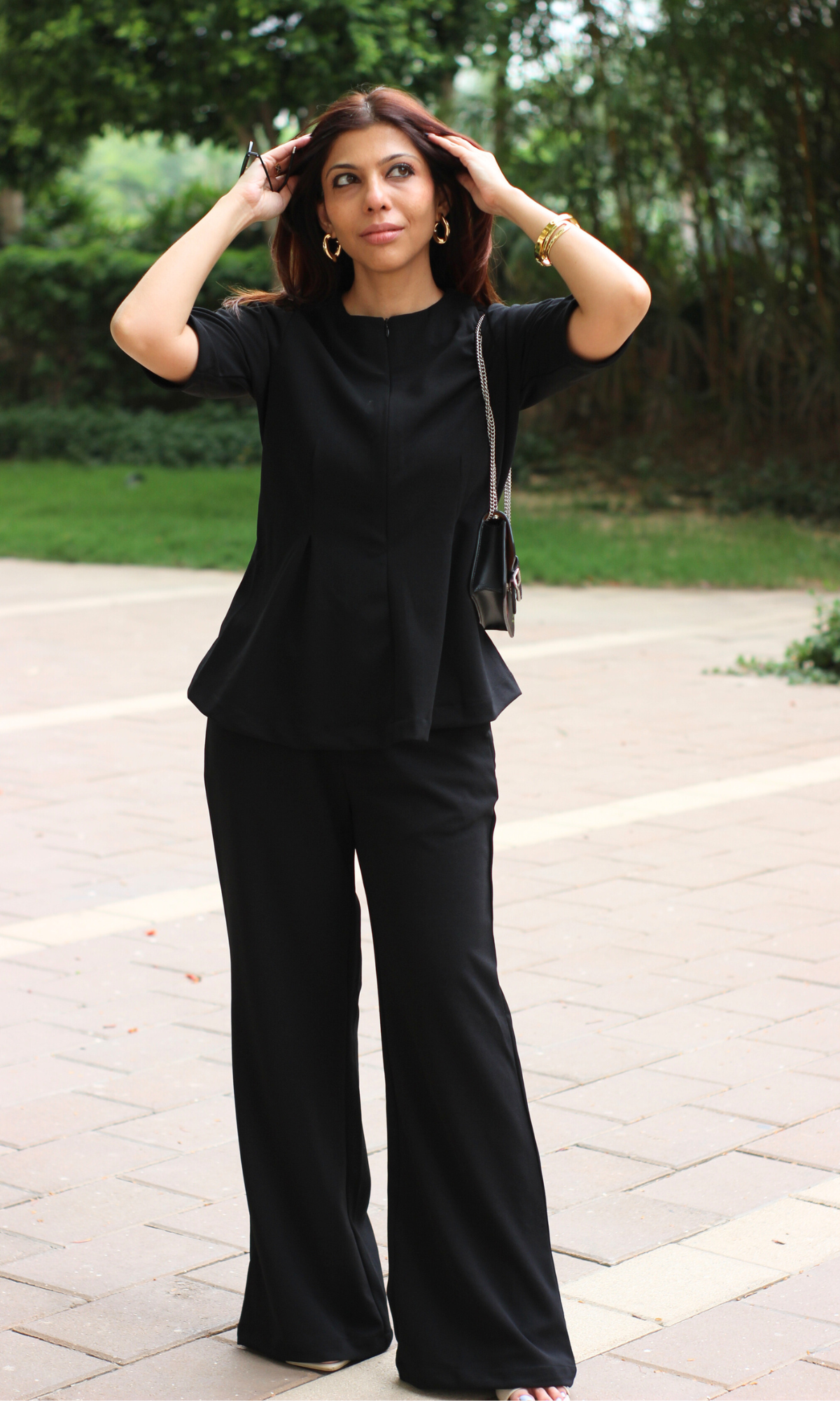 Black Sleeved Sleek-Pleat Detail and Flared Pants Co-ord