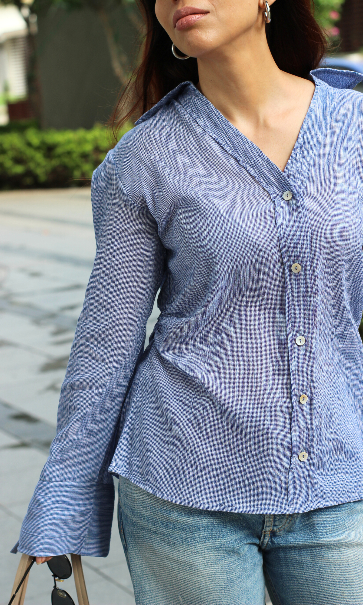 Blue Crinkled String Detail Cotton Shirt