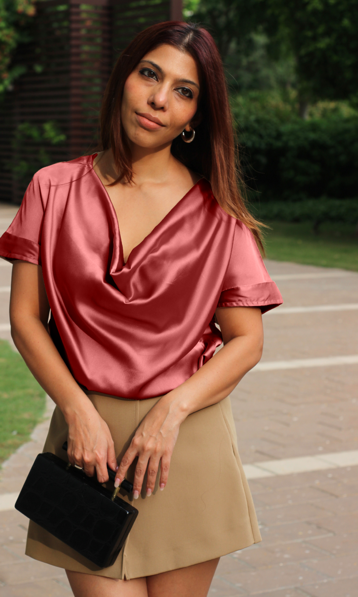 Rouge Satin Cowl Neck Top