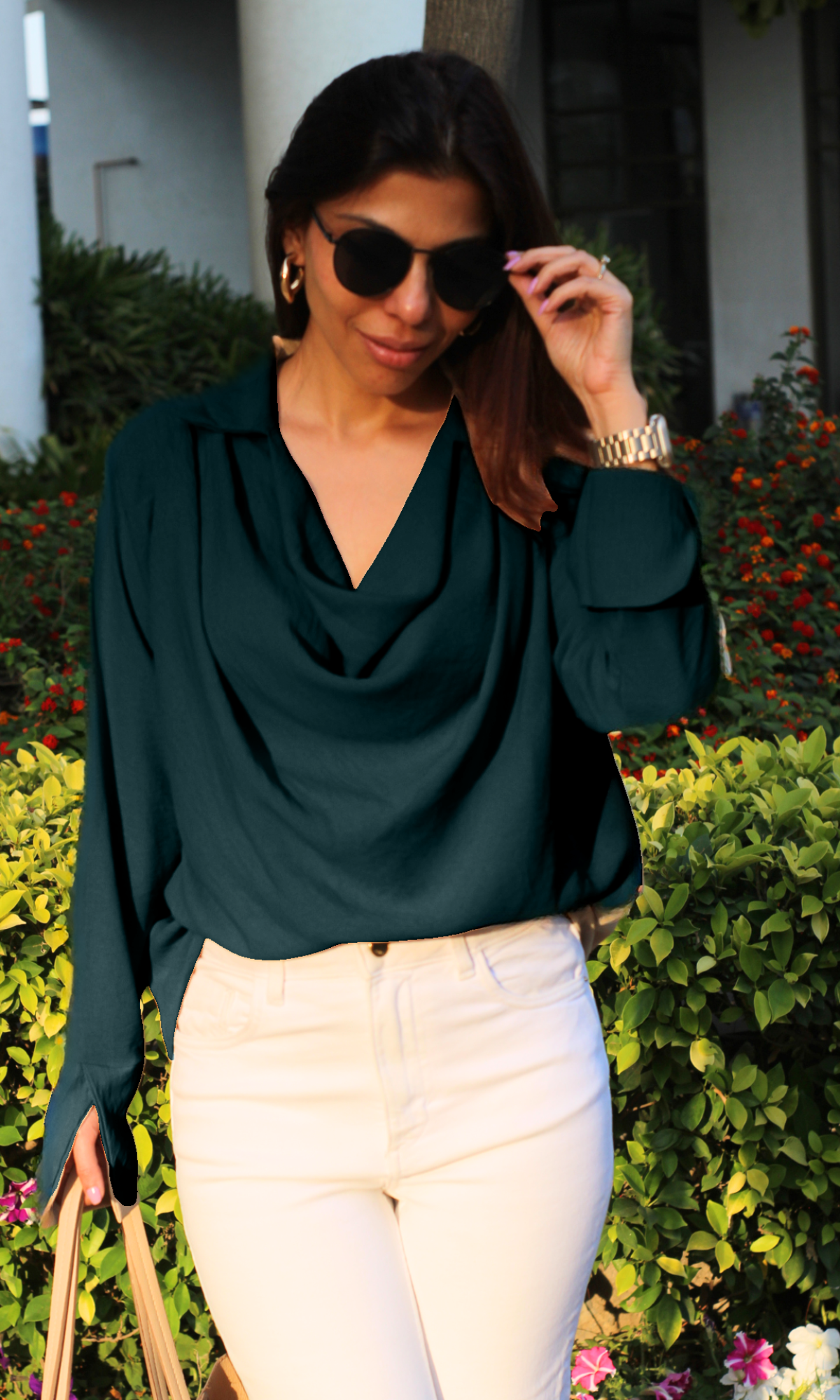 Deep Sea Green Collared Cowl Neck Top