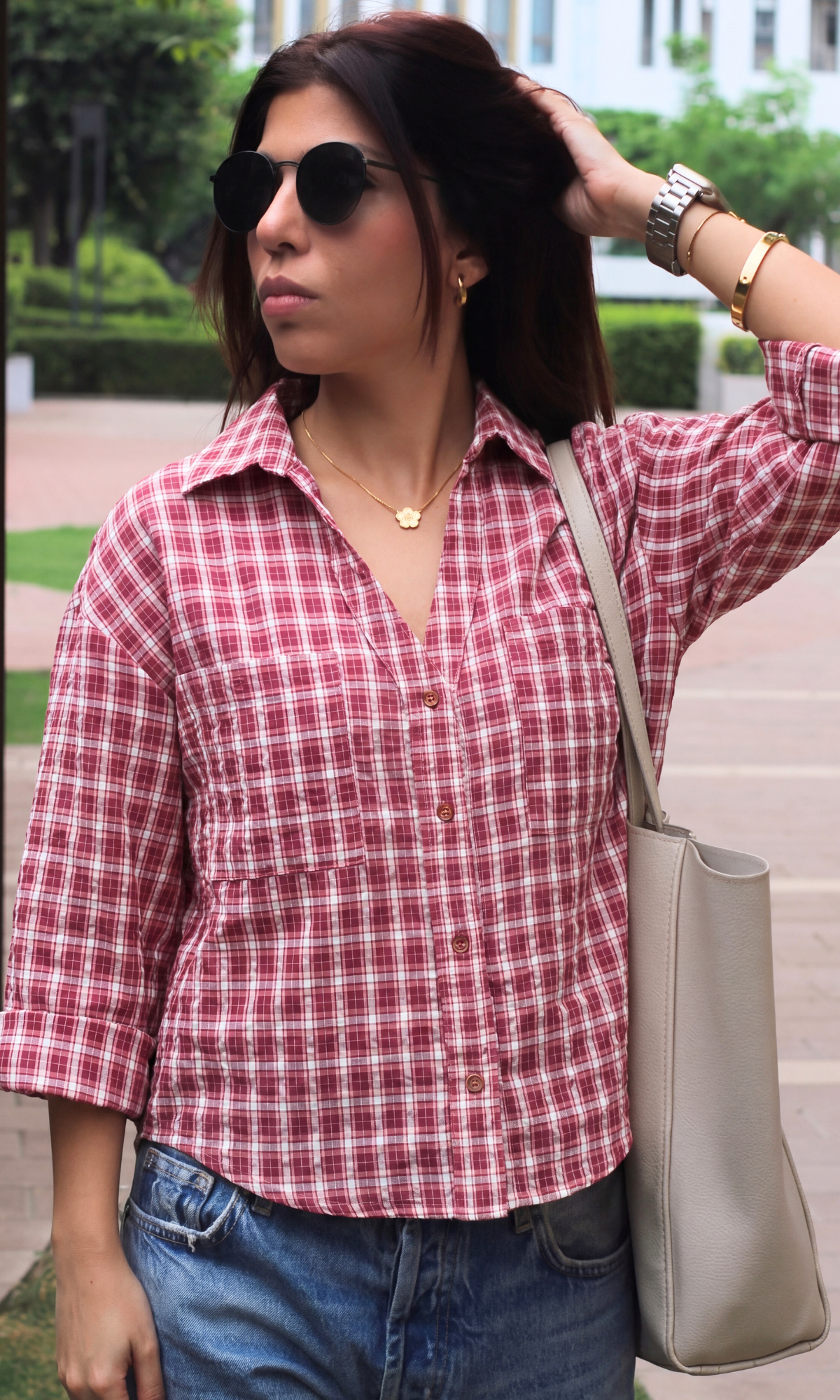 Pale Red Crinkled Checks Shirt