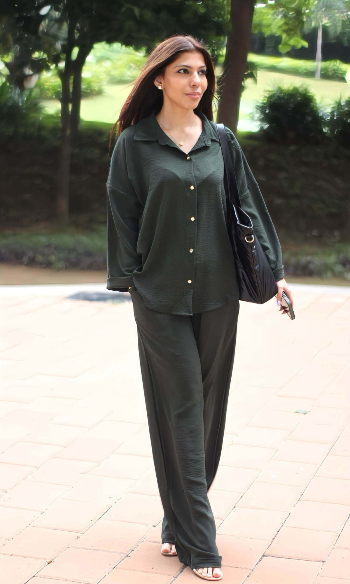 Olive Metallic Buttoned Shirt and Pants Co-ord