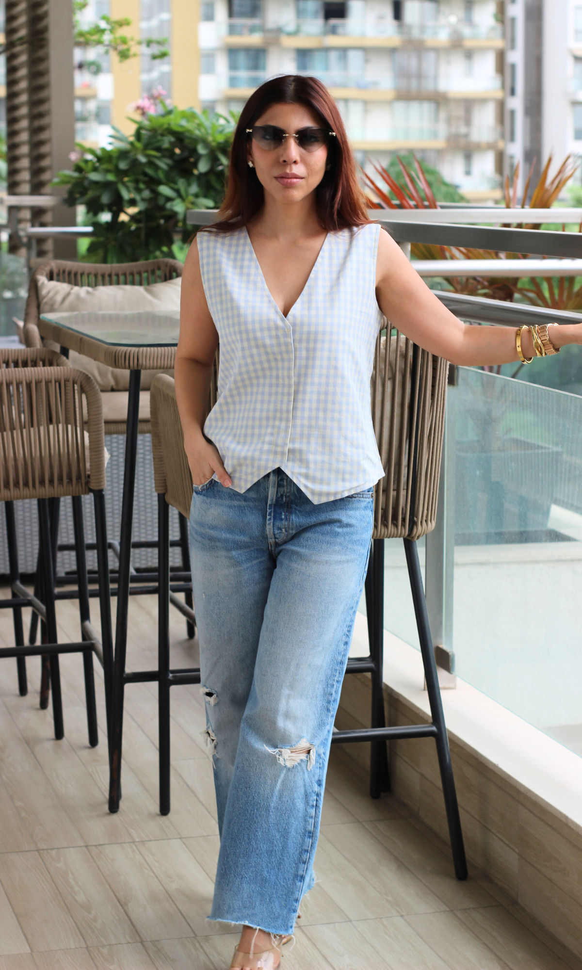 Pastel Blue Haze Checked Waist Coat