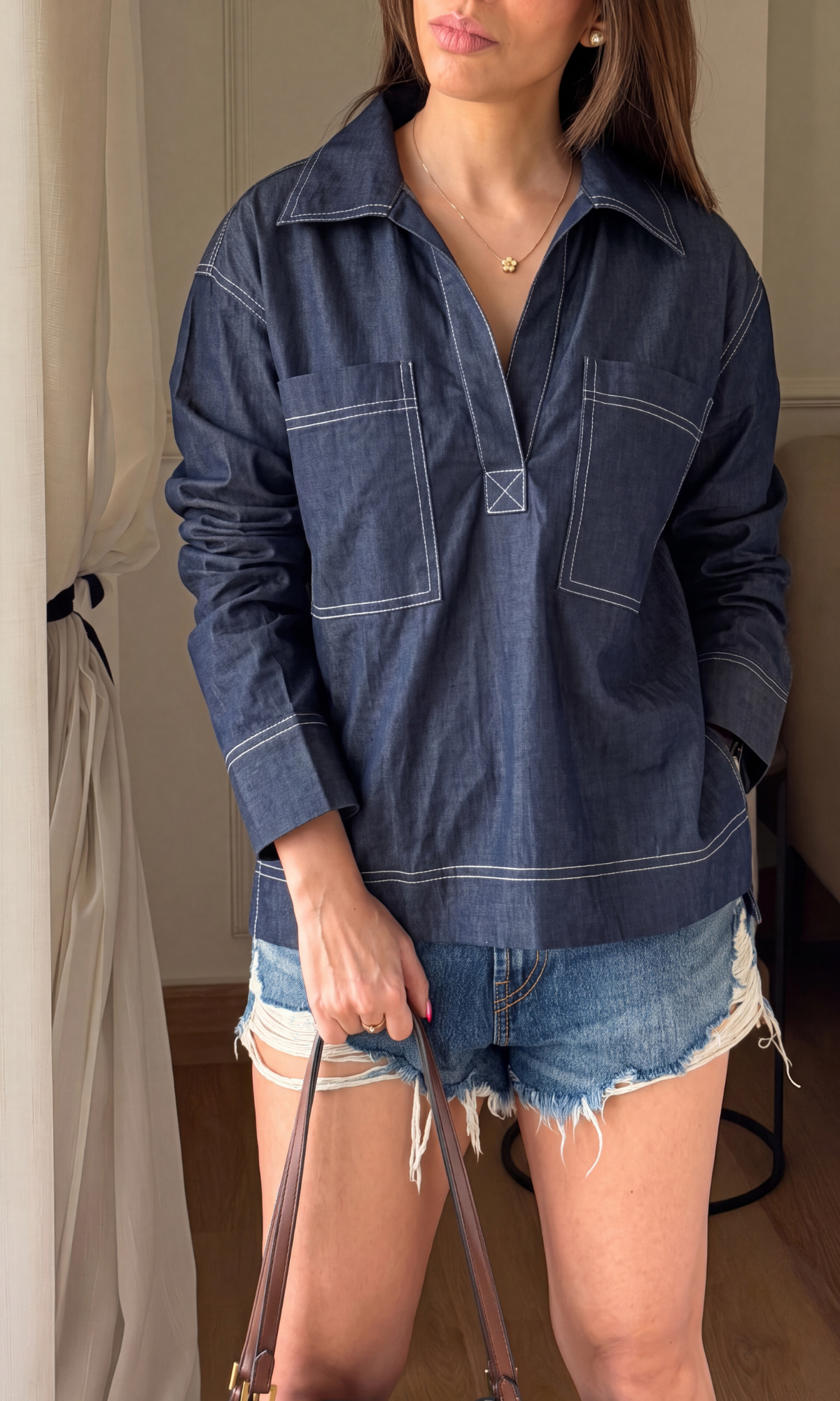 Navy Cotton Denim Contrast Stitch Utility Top