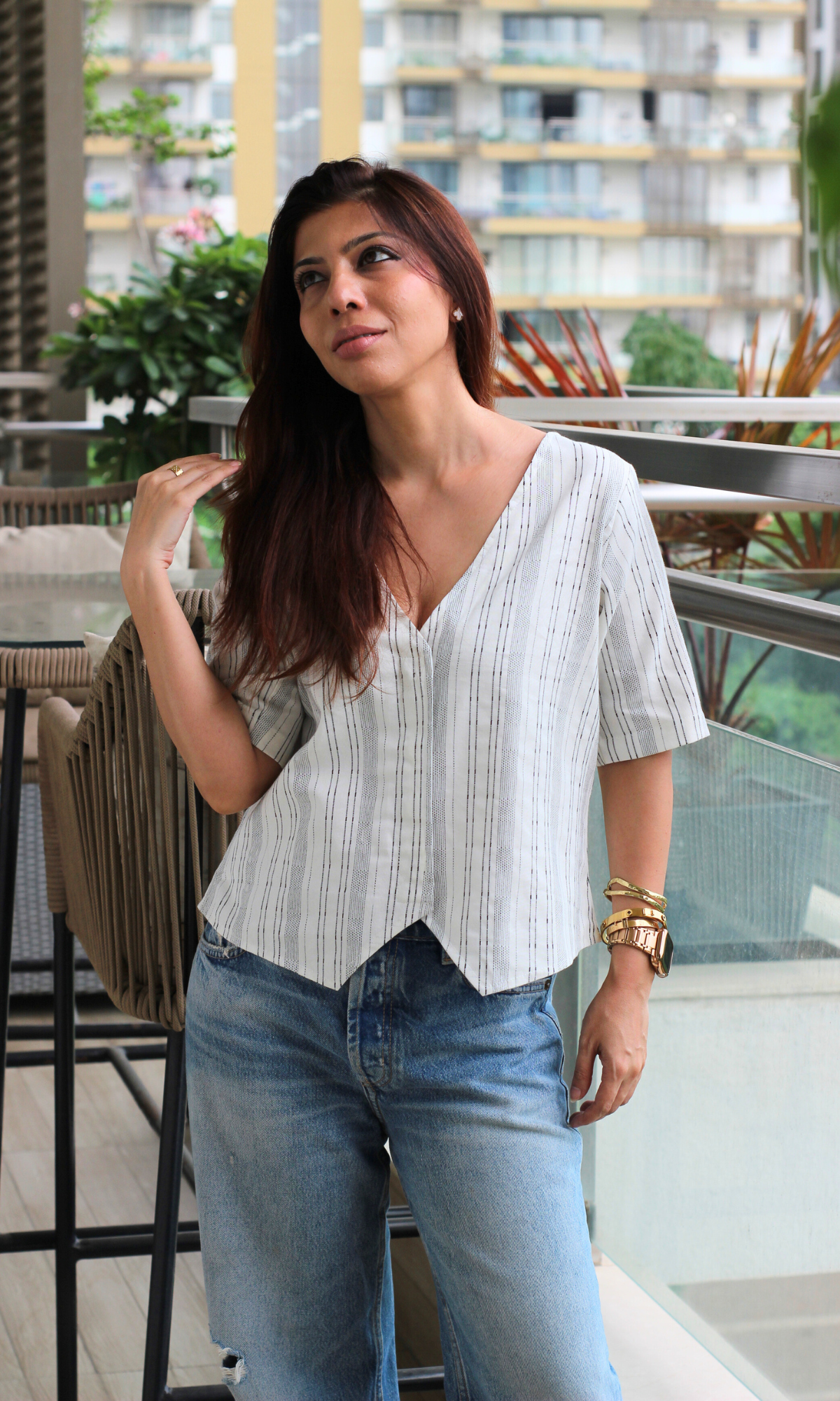 Ivory Striped Sleeved Waist Coat