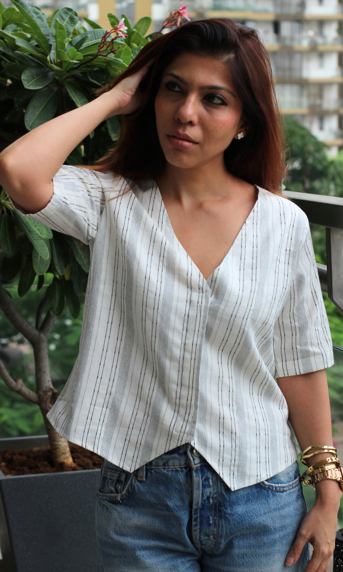 Ivory Striped Sleeved Waist Coat