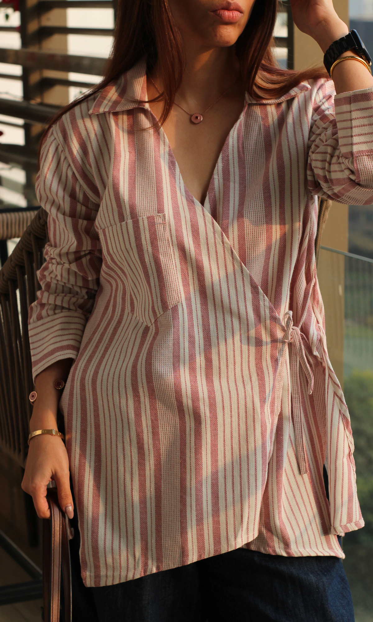 Pink-White Weaved Cuts Detail Kimono Top