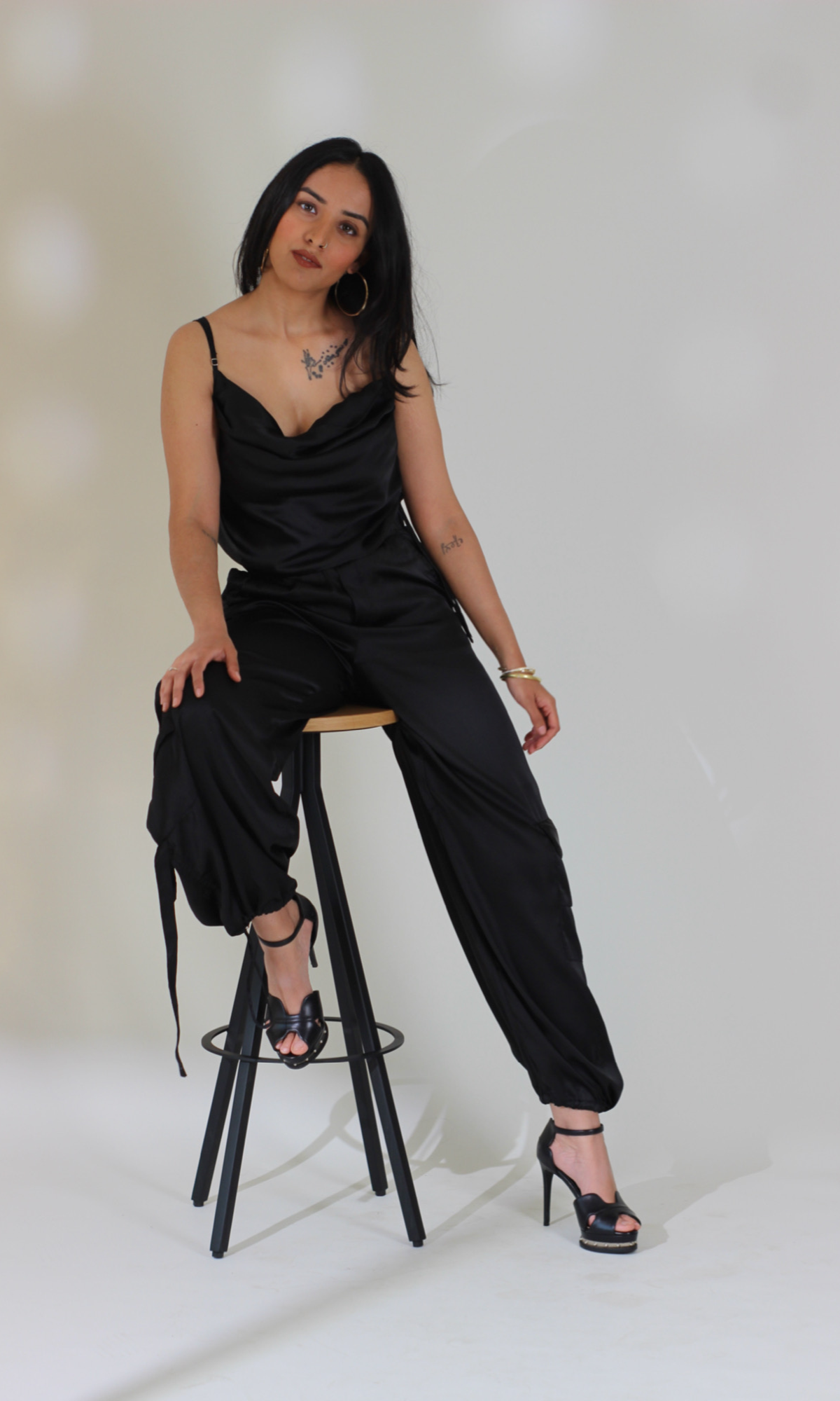 Deep Black Drawstring Top and Parachute Pants