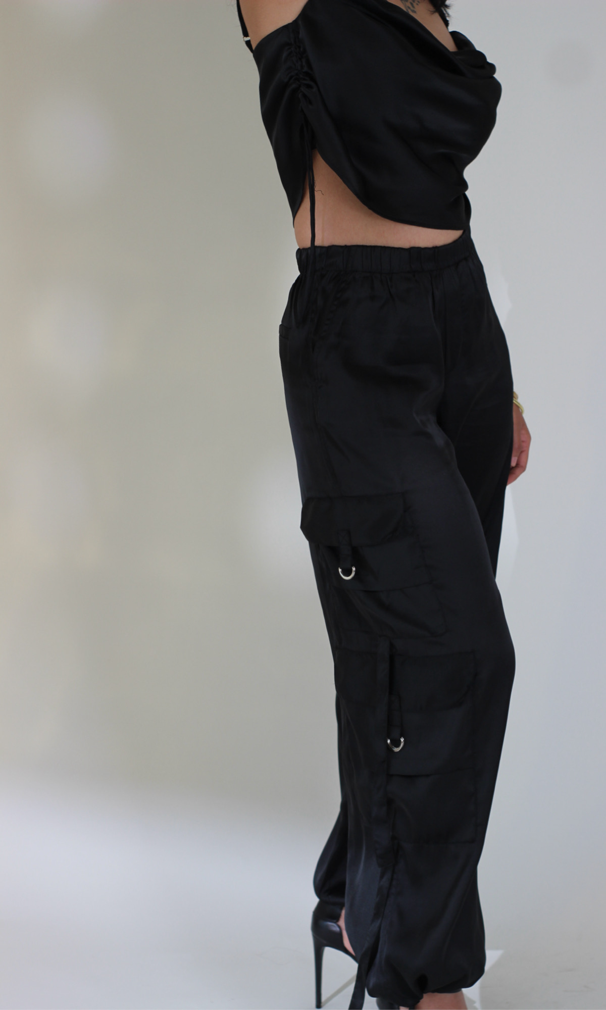 Deep Black Drawstring Top and Parachute Pants
