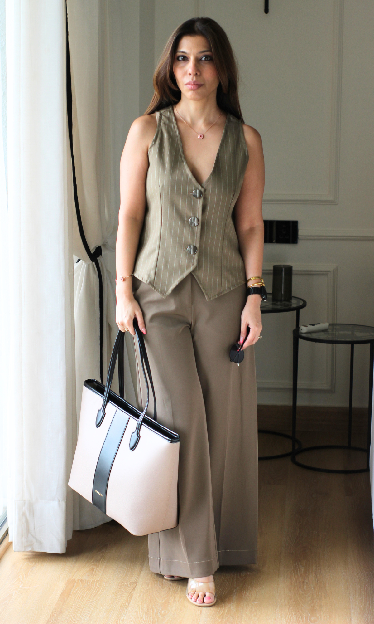 Khaki Pinstripe Pointed-Hem Waistcoat