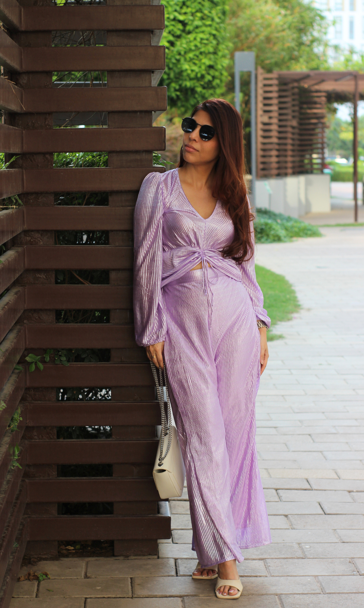 Lavender Pleated Shimmer Sleeved Top and Flared Pants