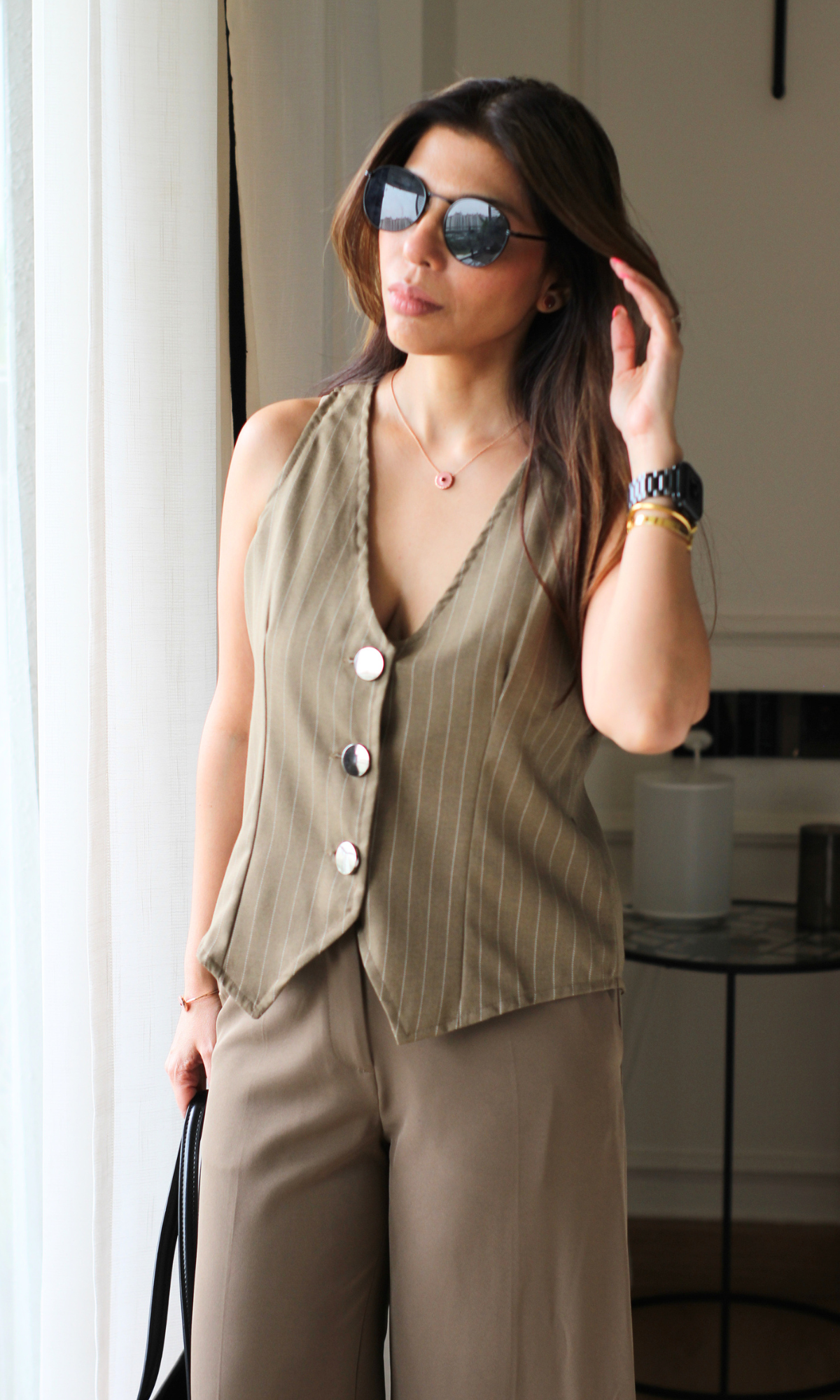 Khaki Pinstripe Pointed-Hem Waistcoat