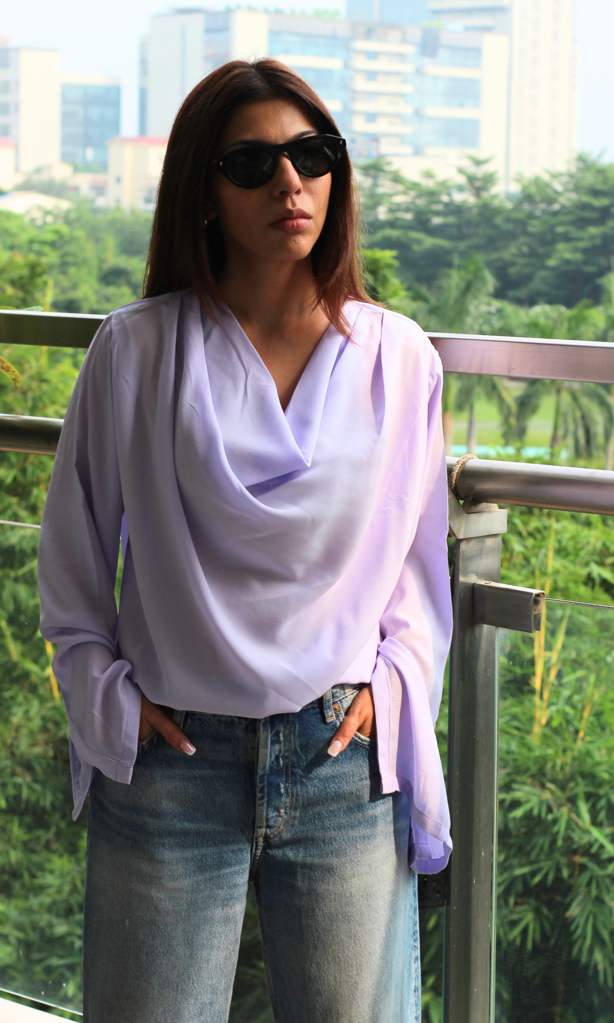 Lavender Slit Sleeves Cowl Neck Top