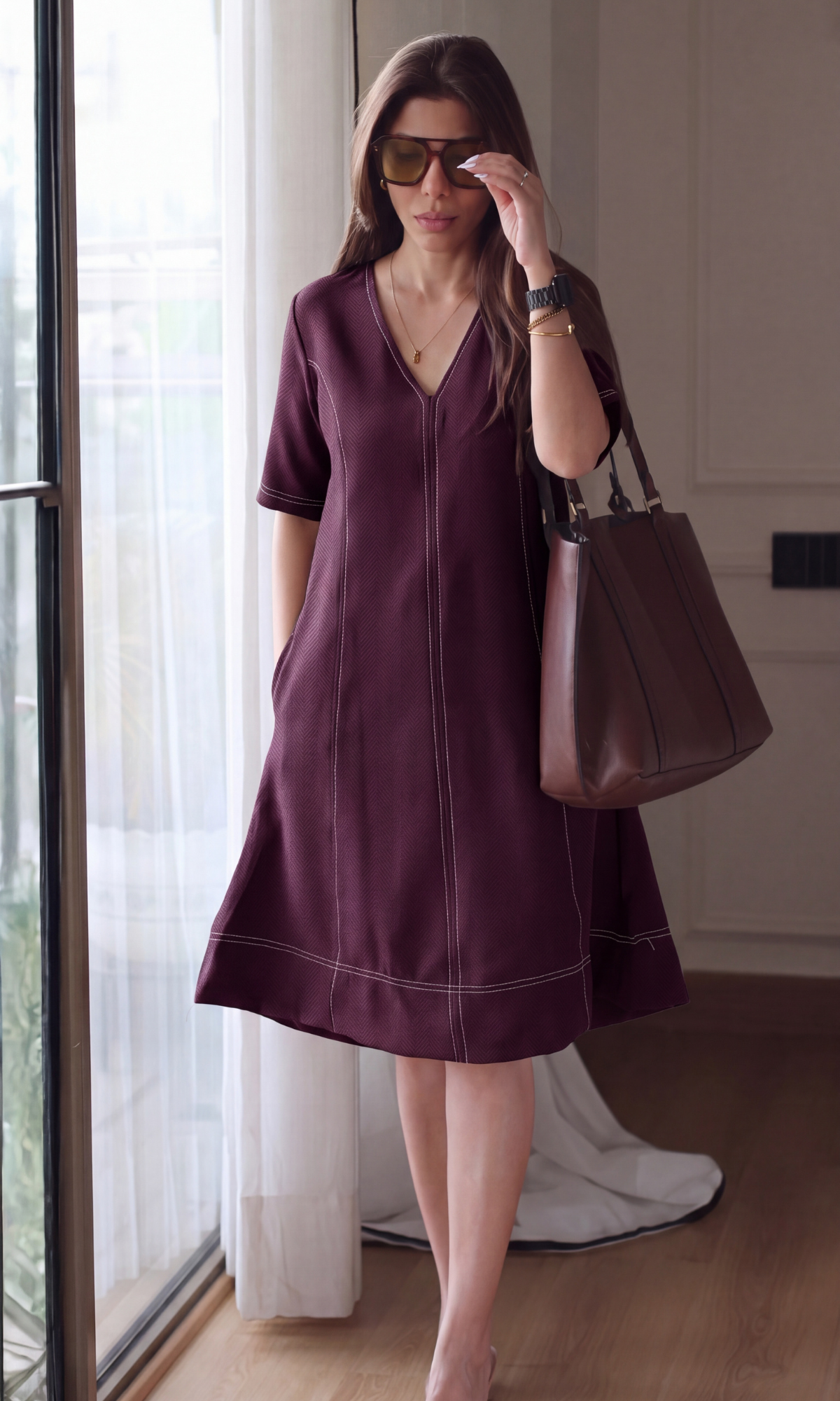 Merlot Contrast-Stitch A-Line Dress