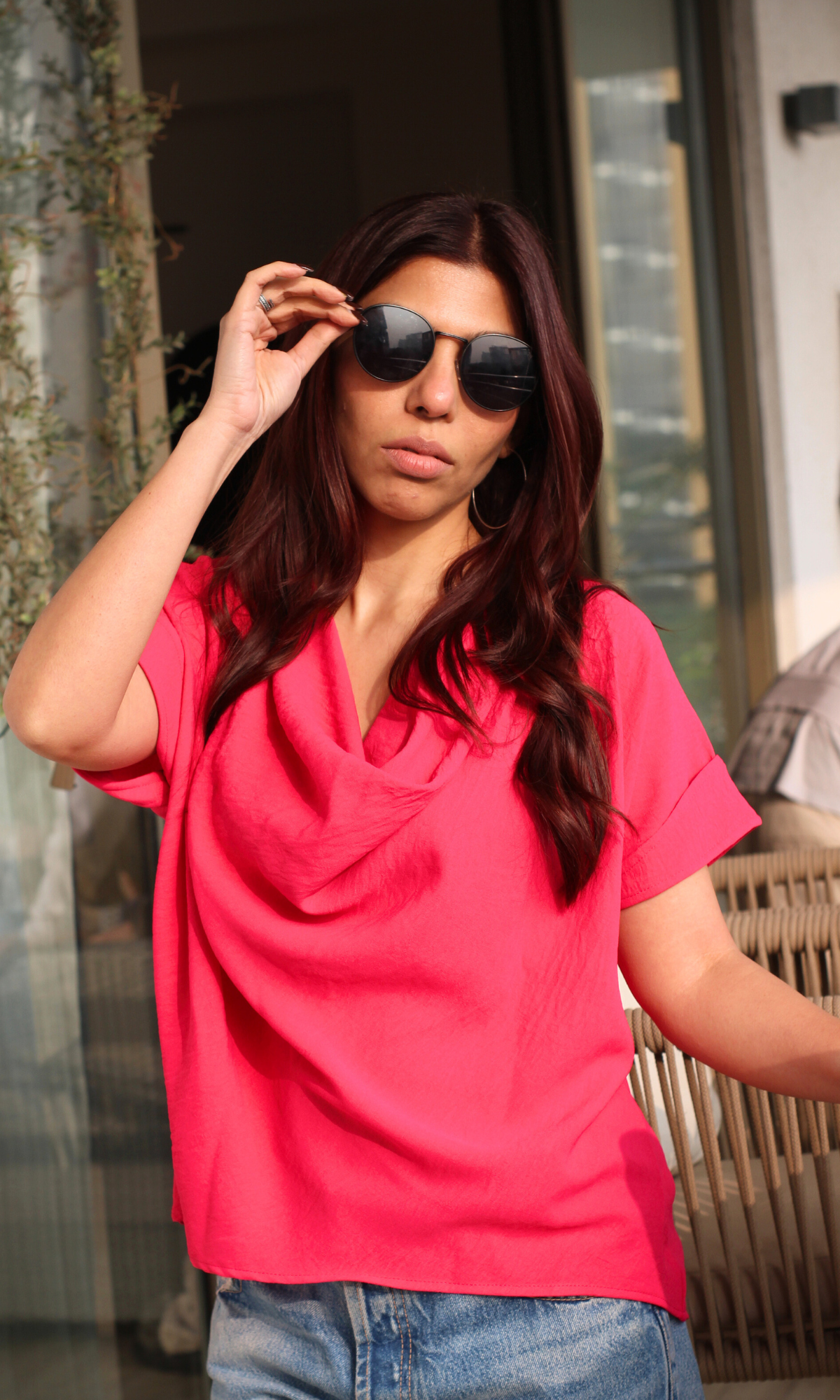 Hot Pink Flowing Cowl Neck Top