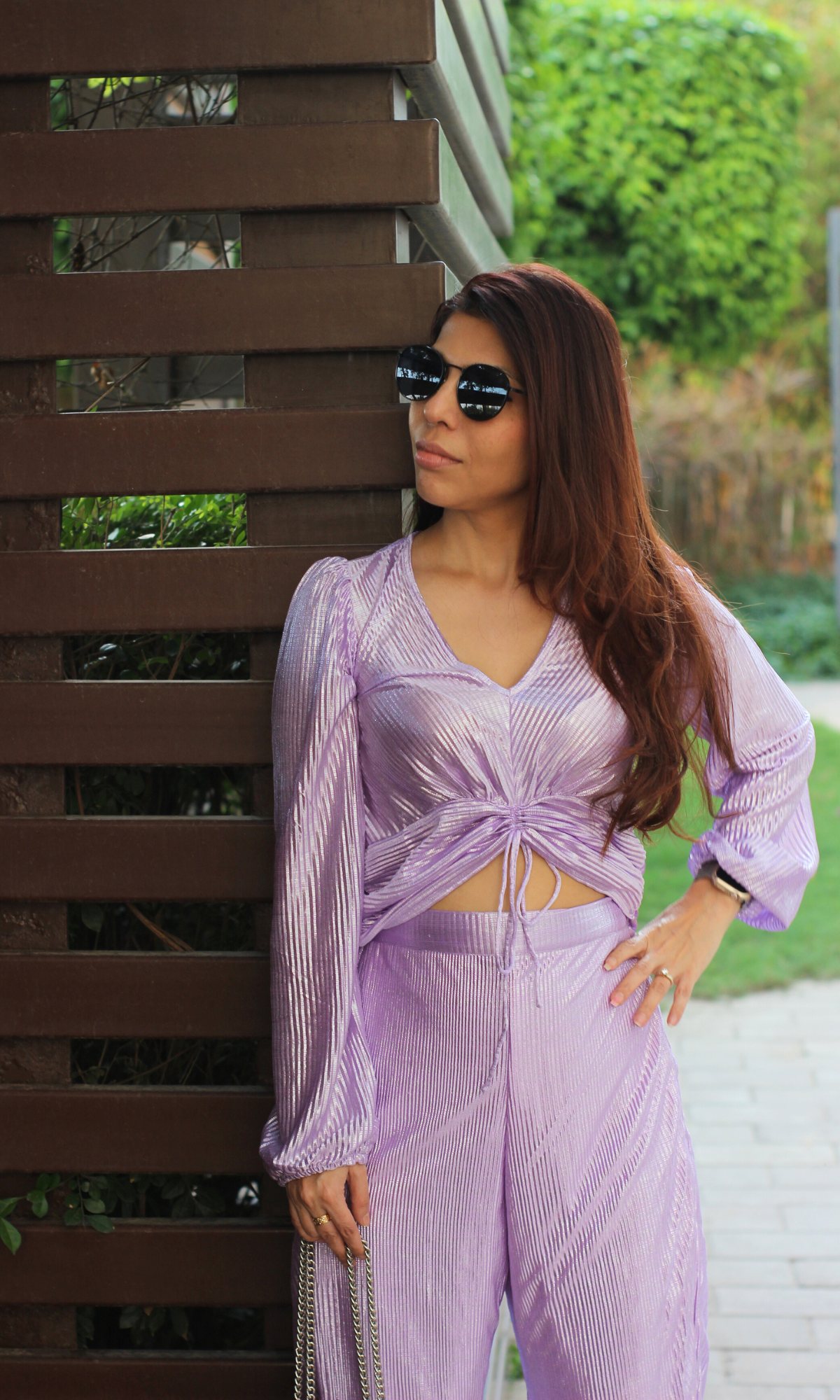 Lavender Pleated Shimmer Sleeved Top and Flared Pants