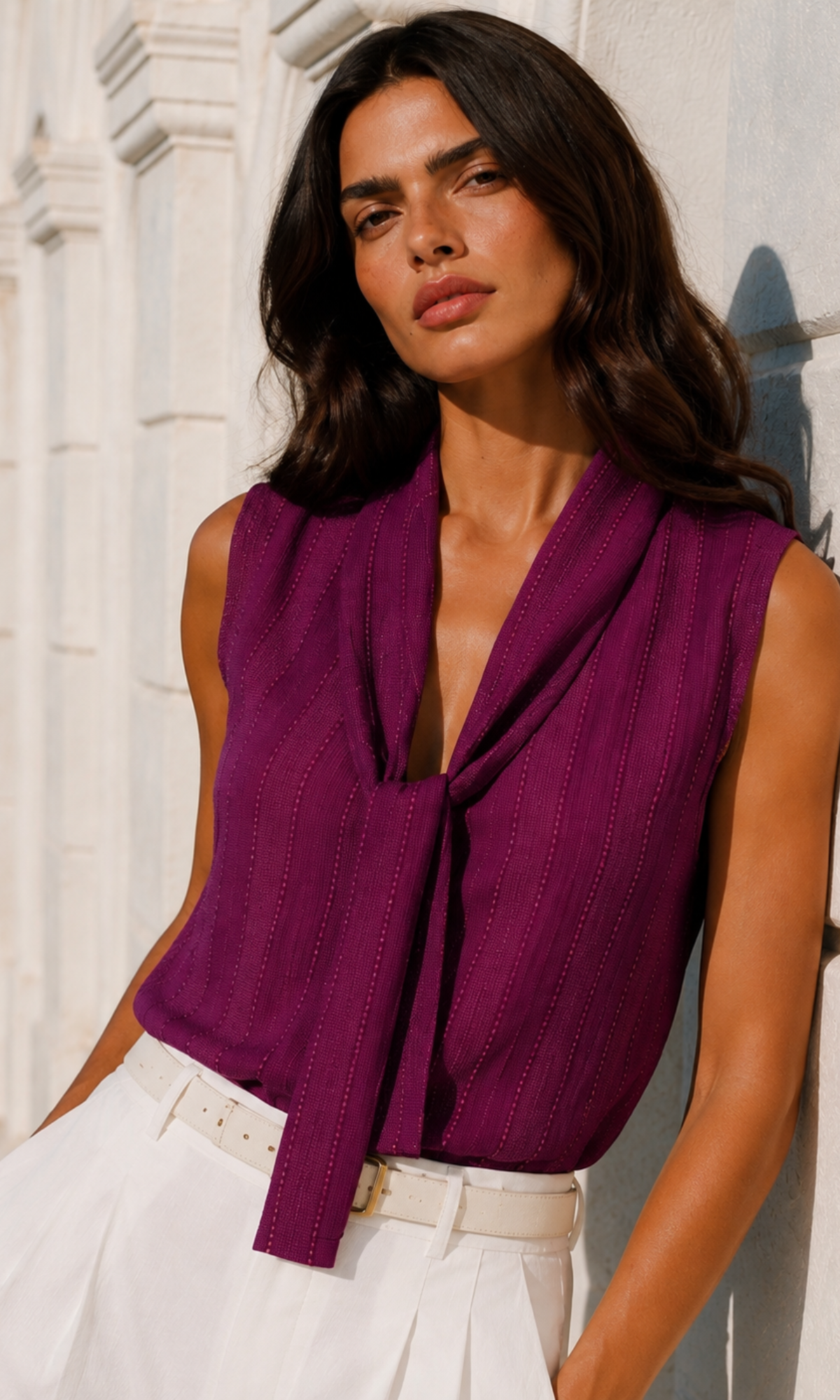 Berry Textured Weave Tie-Neck Top