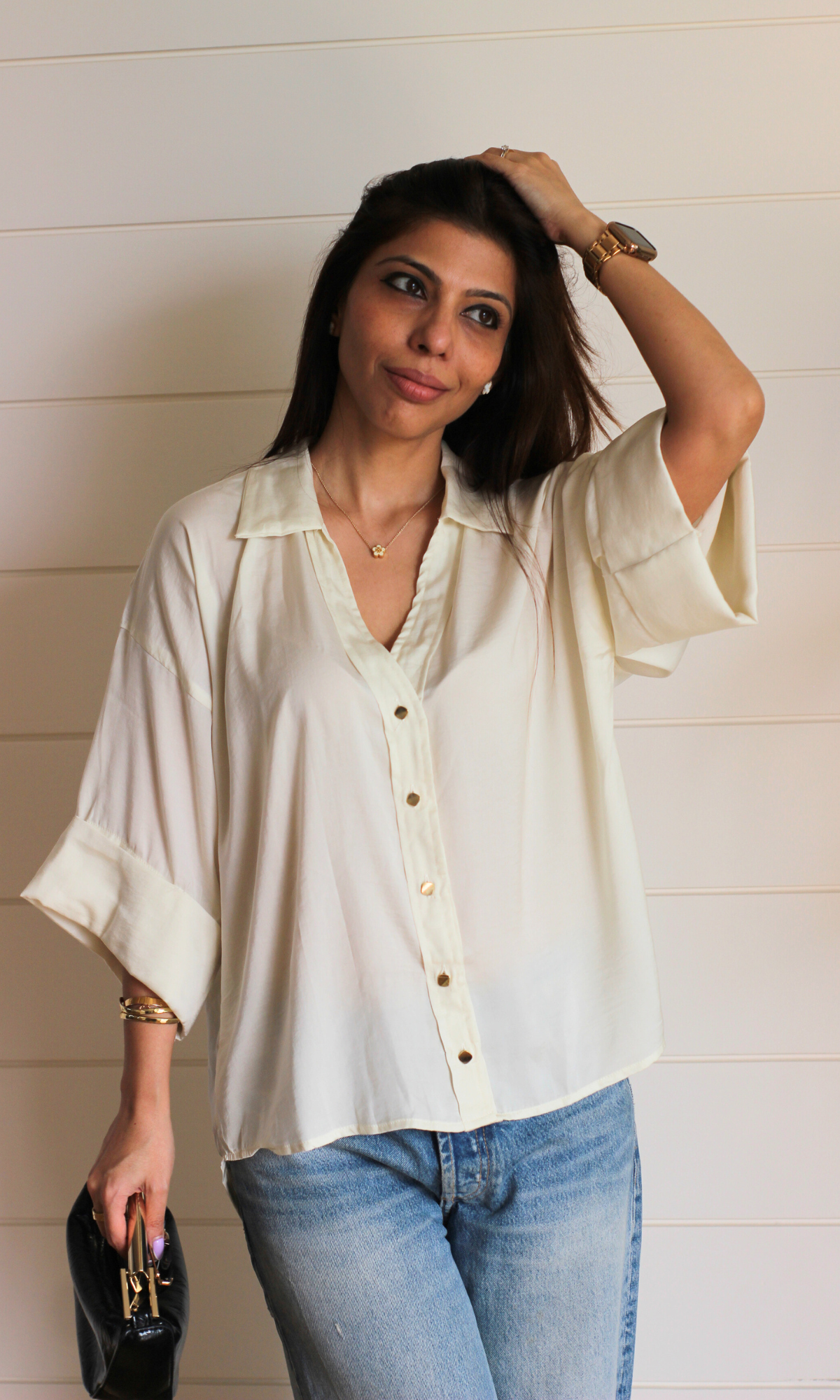 White Loose Metallic Buttoned Shirt