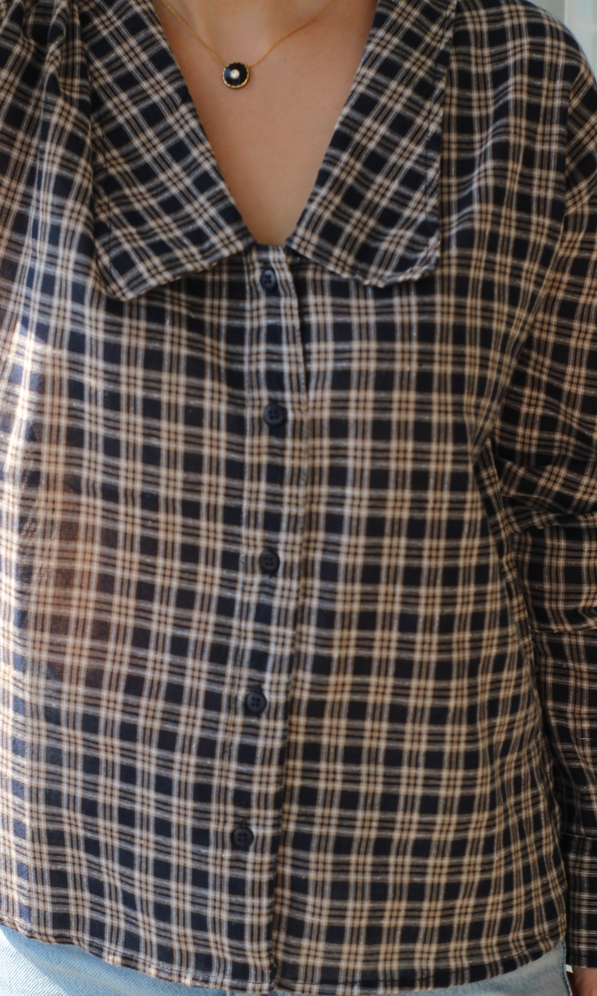 Navy Gingham-Check Peter Pan Collared Shirt