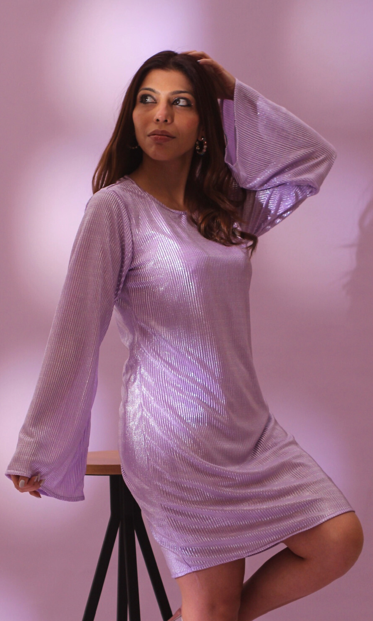 Lavender Pleated Shimmer Dress with Flared Sleeves