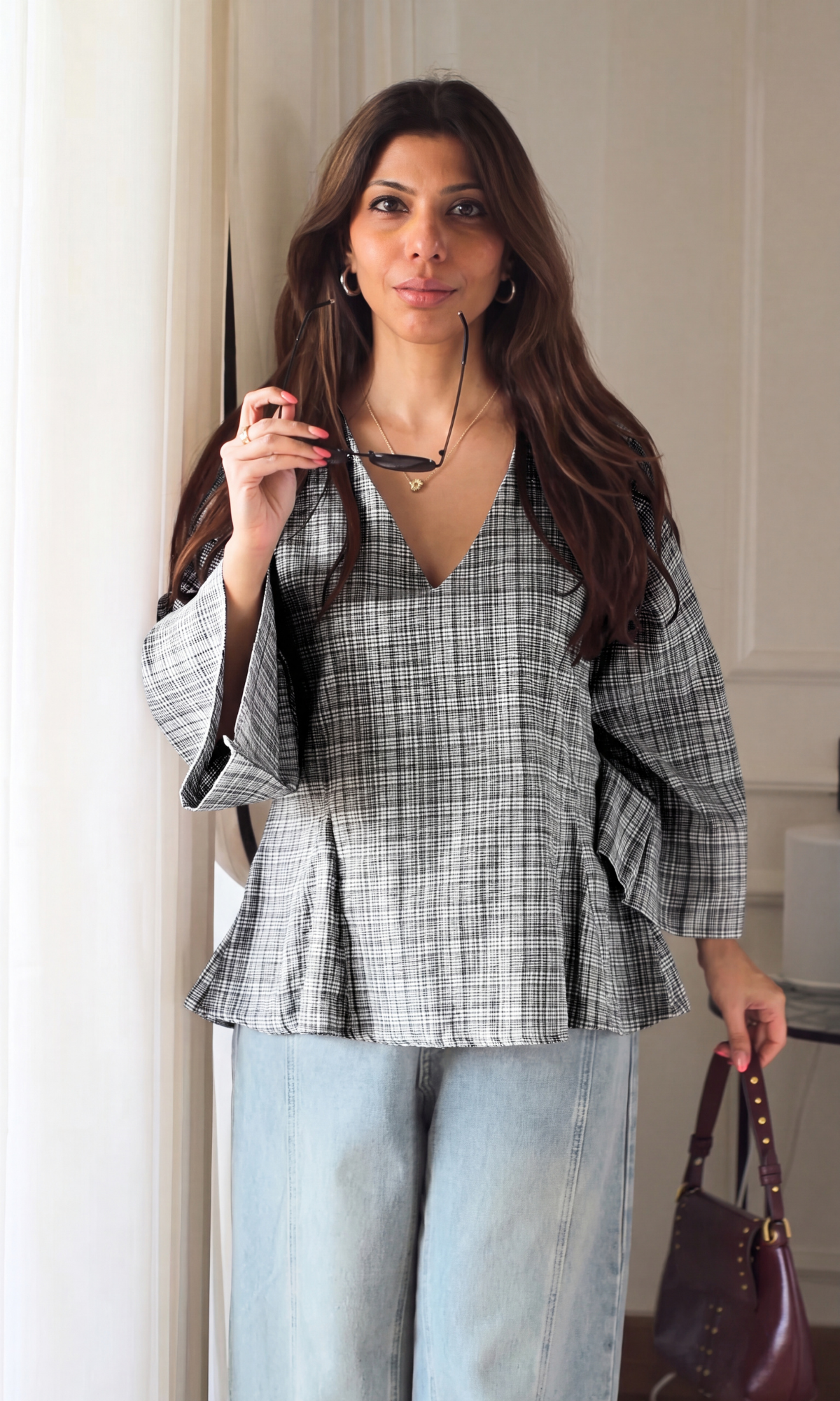 Charcoal Check V-Neck Peplum Top