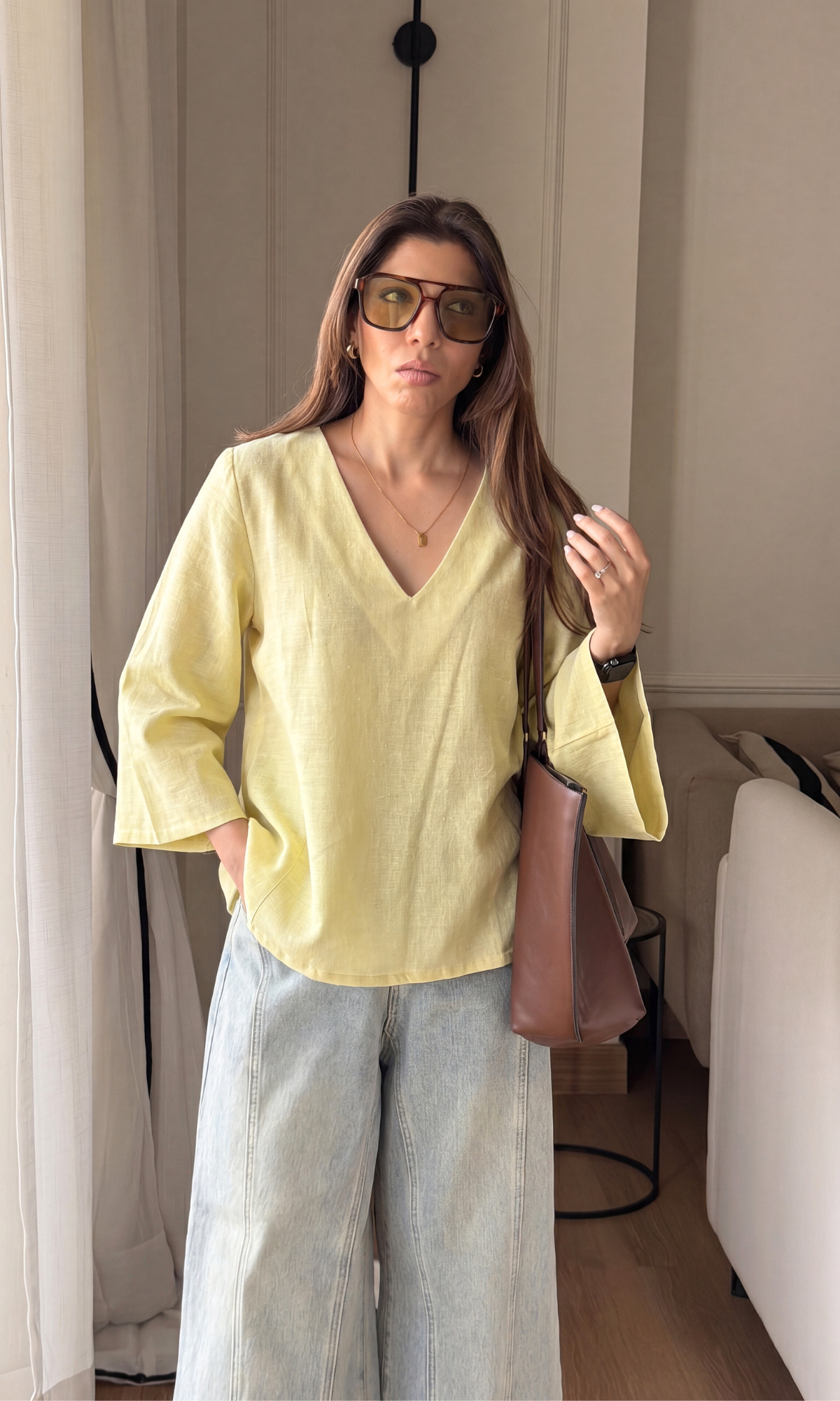 Butter Yellow V-Neck Peplum Top