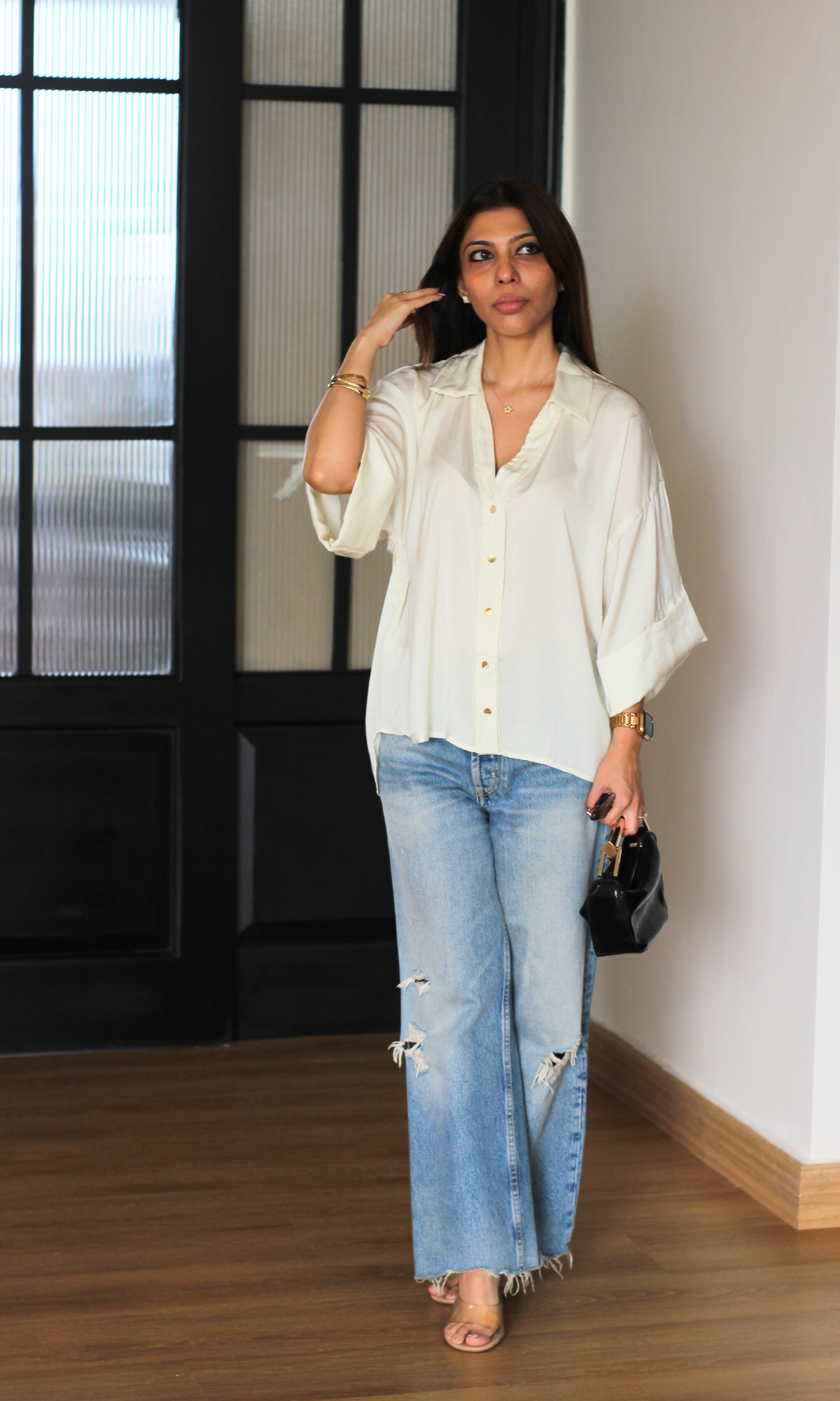 White Loose Metallic Buttoned Shirt