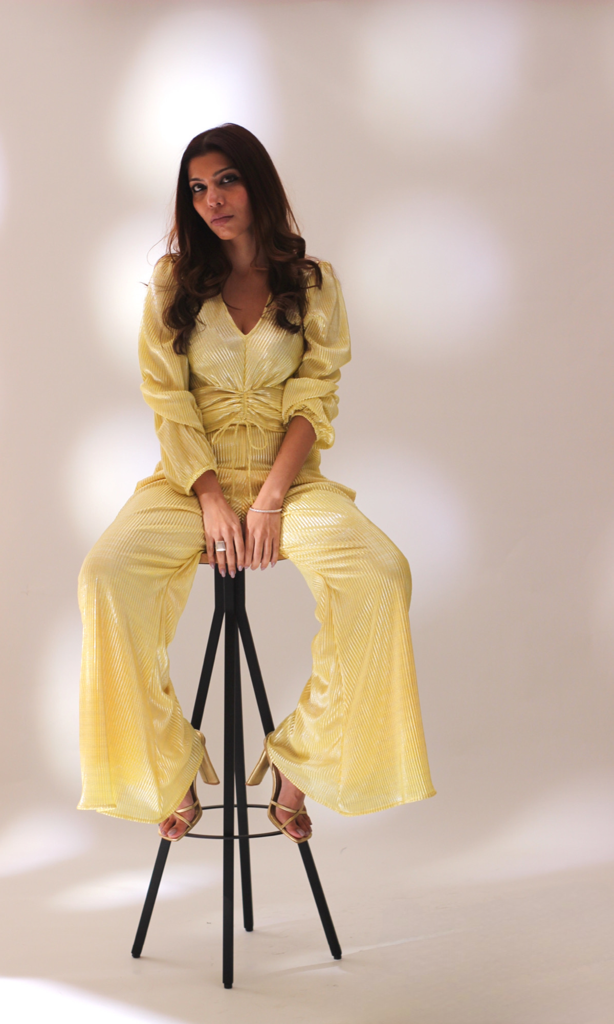 Lemon Pleated Shimmer Sleeved Top and Flared Pants
