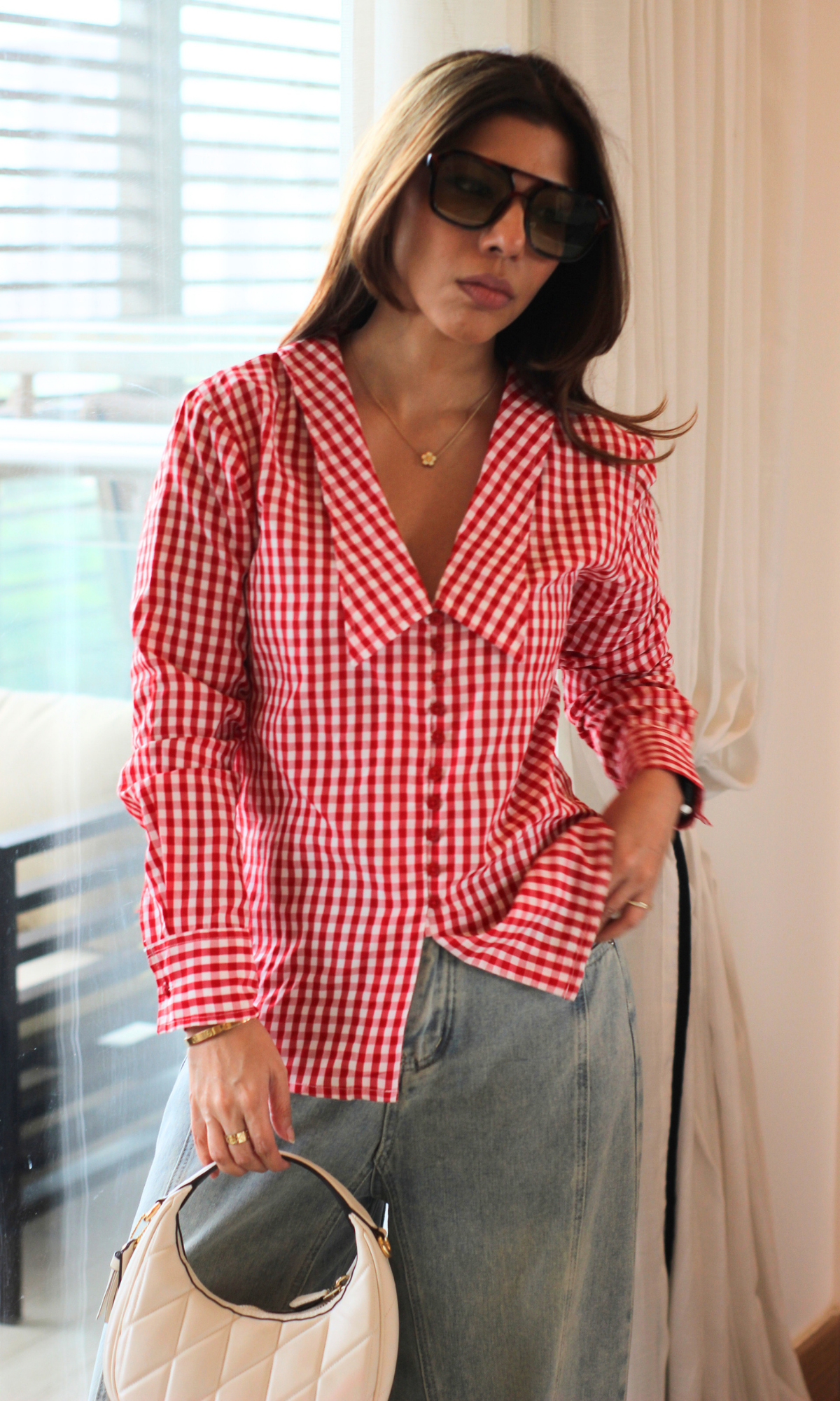Red Gingham Oversized Collar Shirt