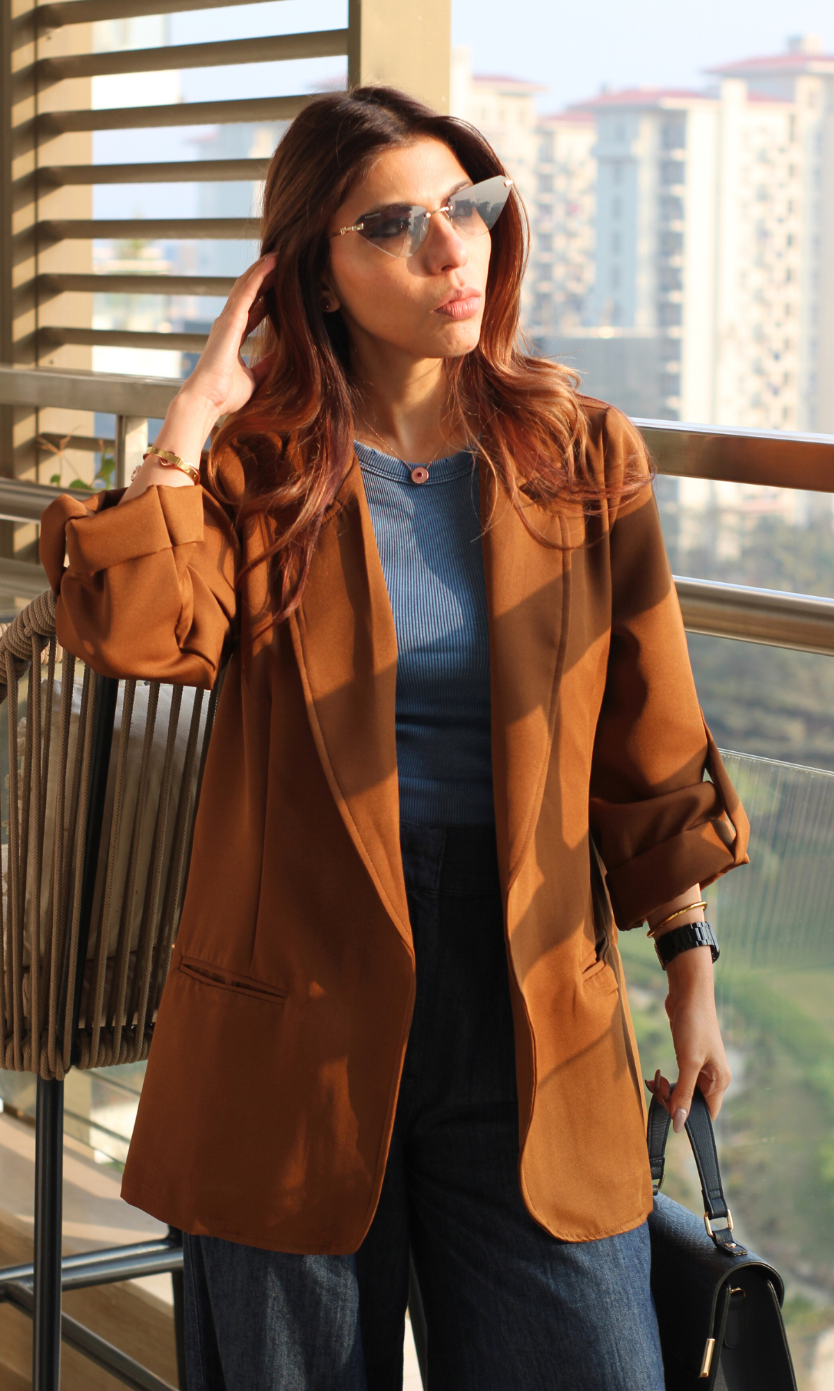 Mocha Rolled-Up Sleeve Blazer Jacket