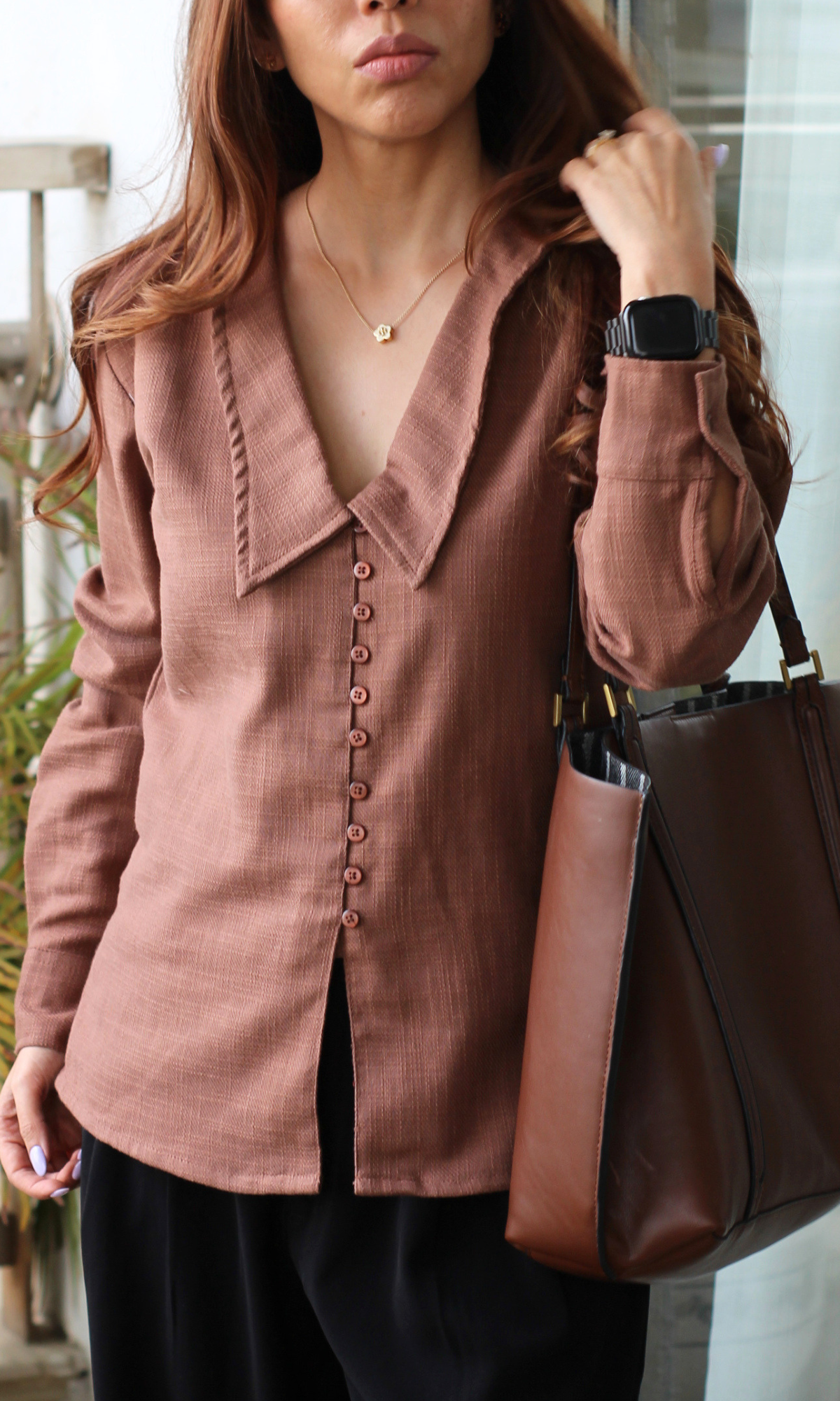 Brown Self Peter Pan Collared Shirt