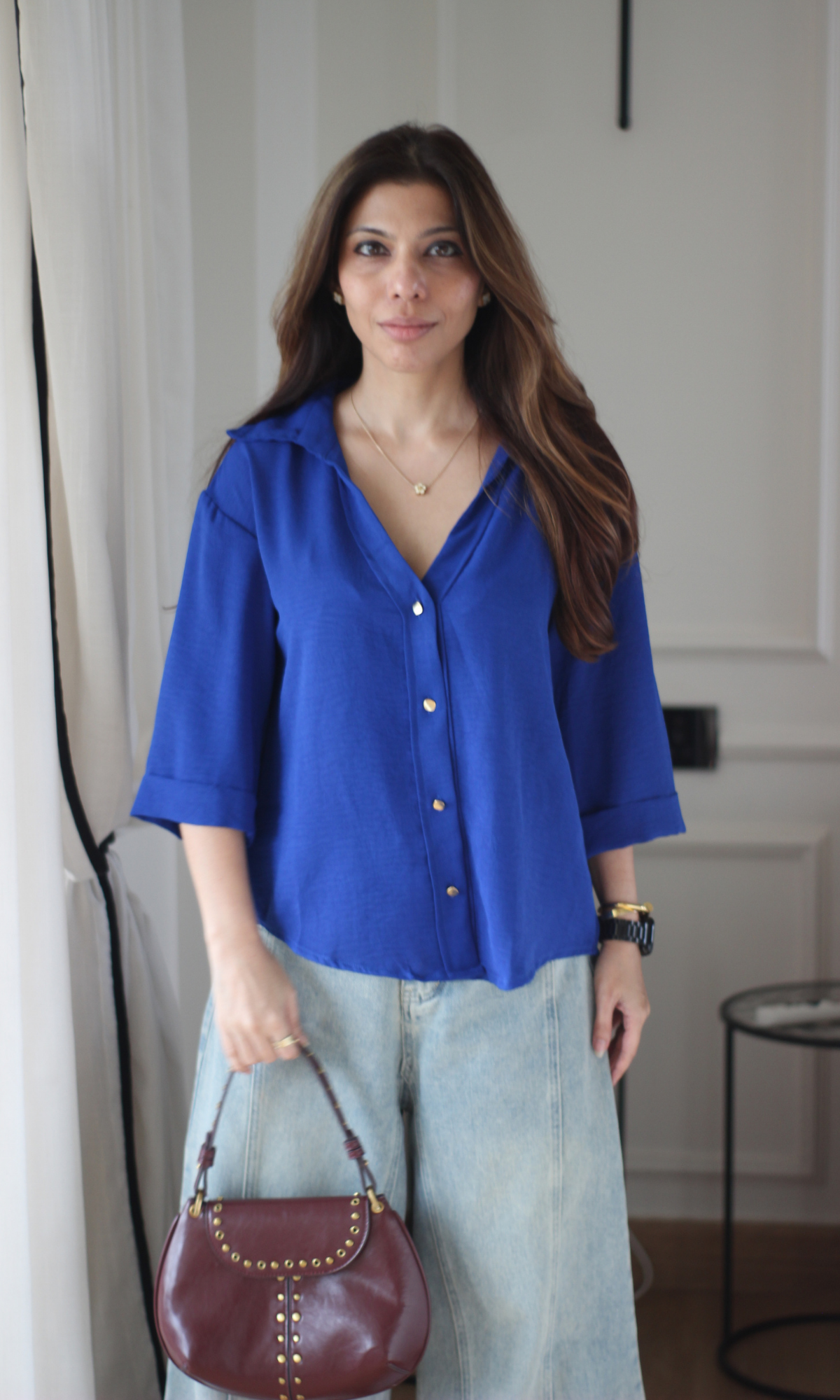 Electric Blue Metallic Button Boxy Shirt