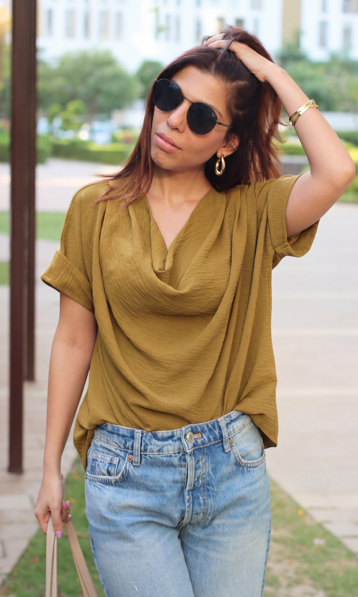 Mustard Olive Flowing Cowl Neck Top